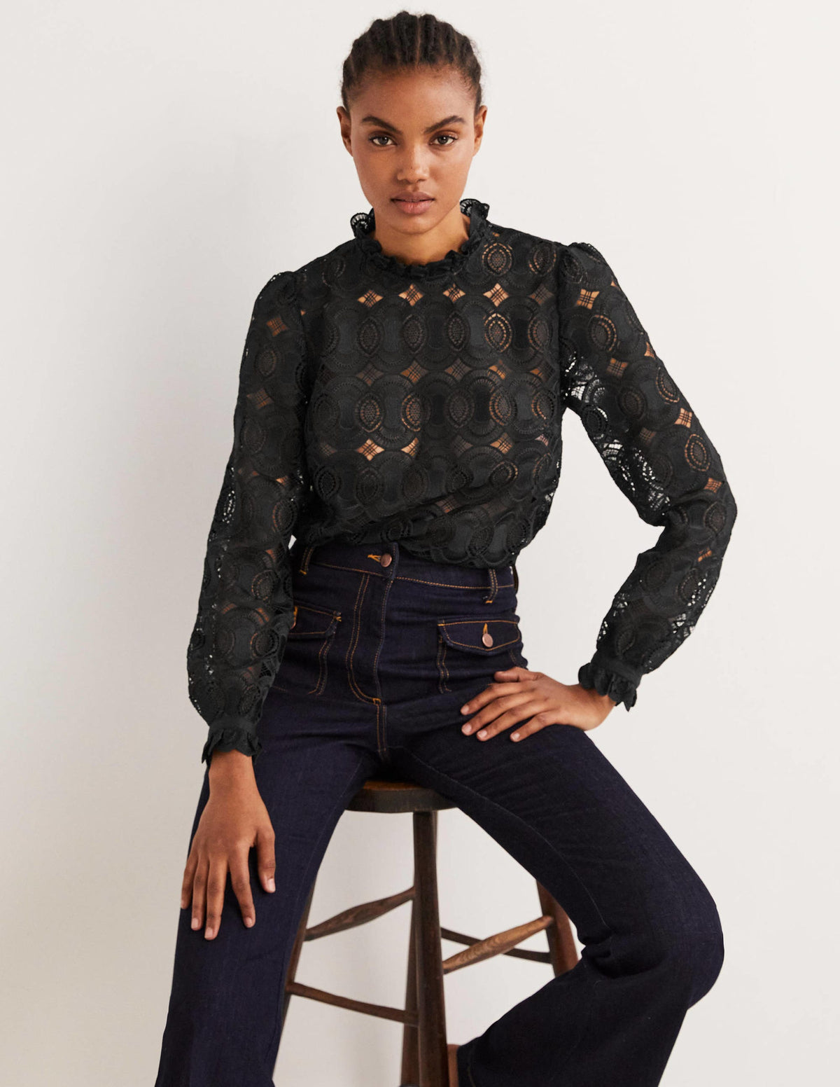 High Neck Lace Top-Black-1