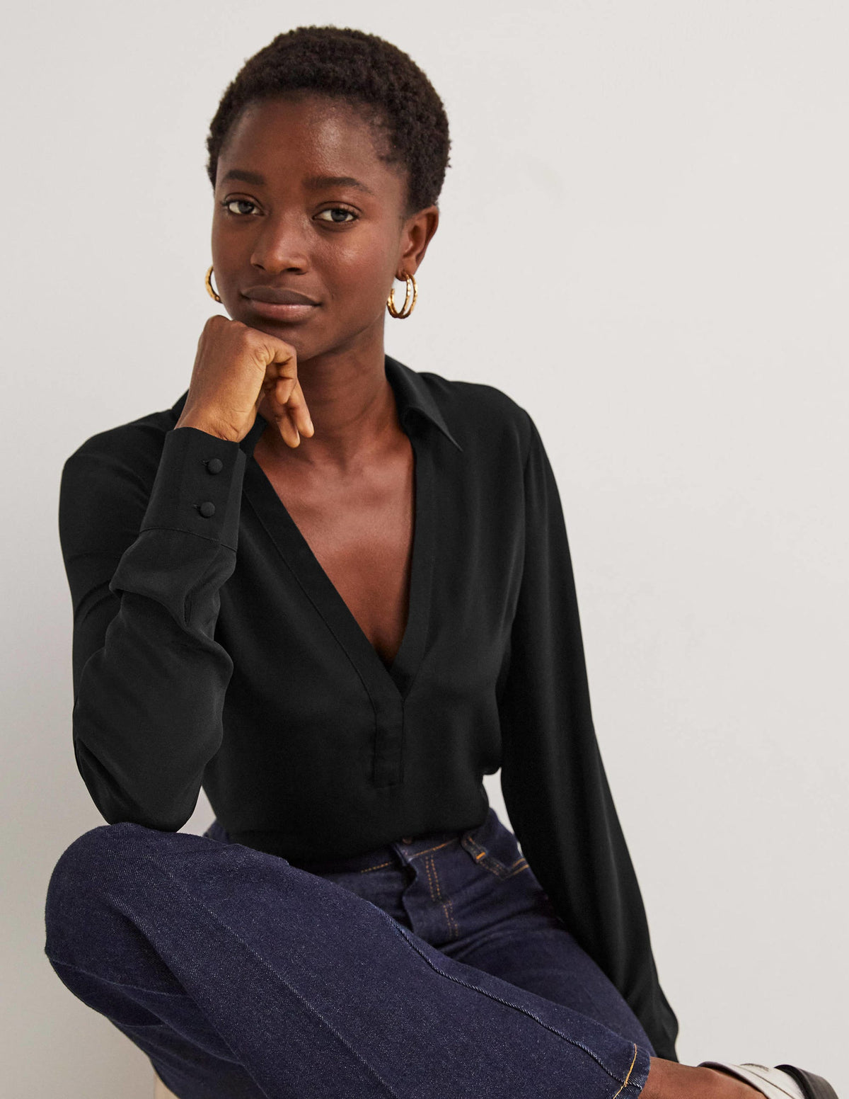 Collared Silk Top-Black - Image 1