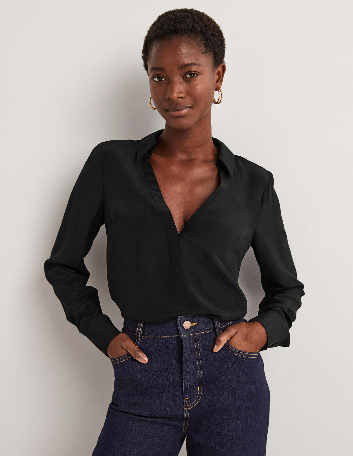 Collared Silk Top-Black - Image 5