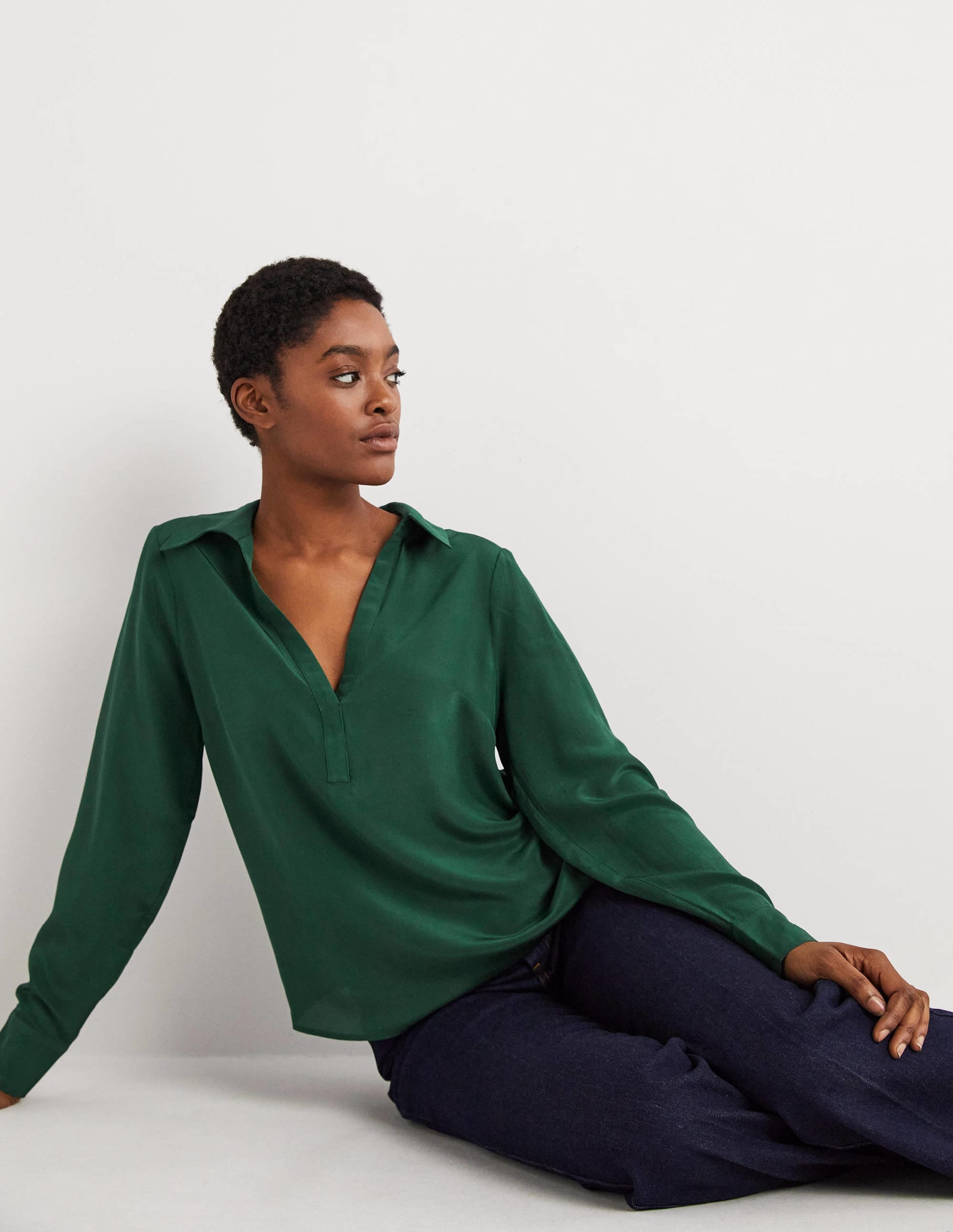 Collared Silk Top-Hunter Green - Image 1