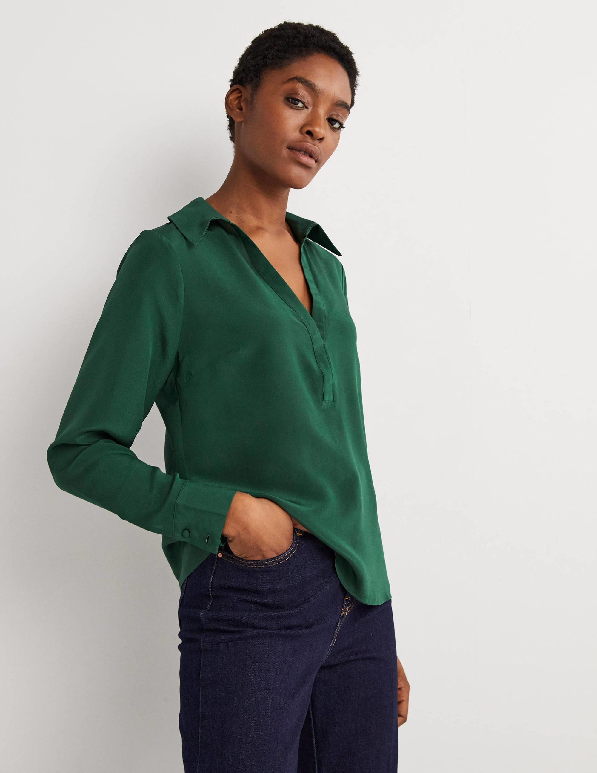 Collared Silk Top-Hunter Green - Image 4