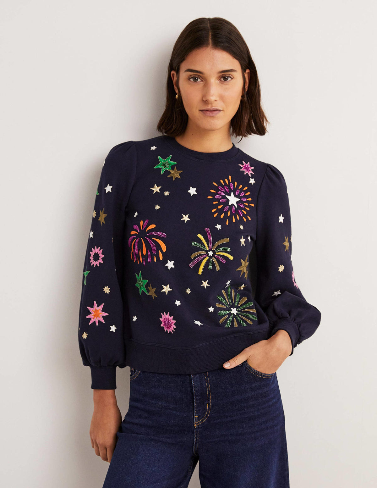 Blouson Sleeve Sweatshirt-Navy Fireworks-1