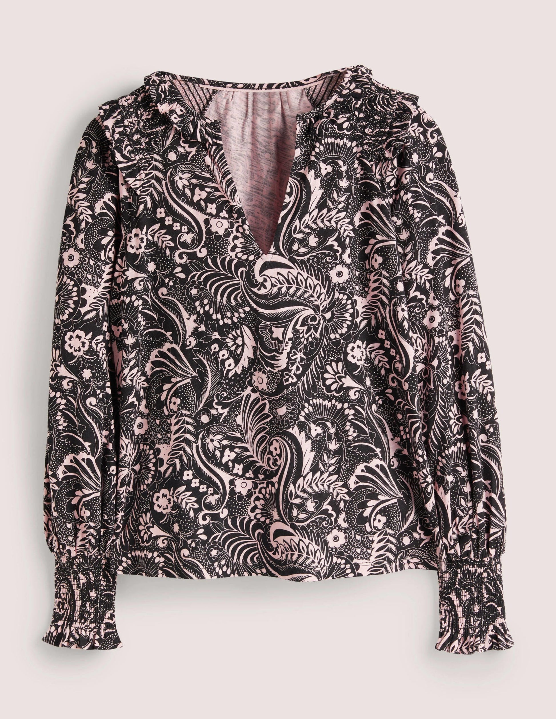 Notch Neck Smocked Frill Top-Black, Paisley Dot-6
