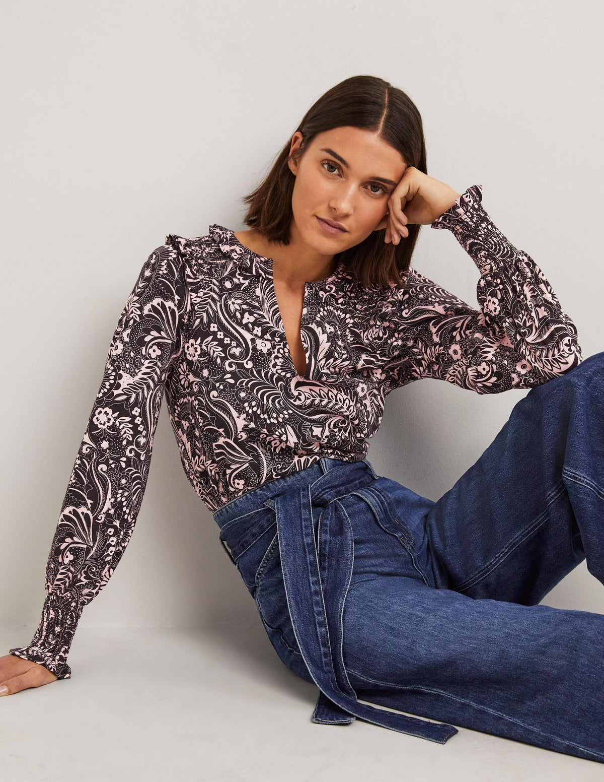Notch Neck Smocked Frill Top-Black, Paisley Dot-1