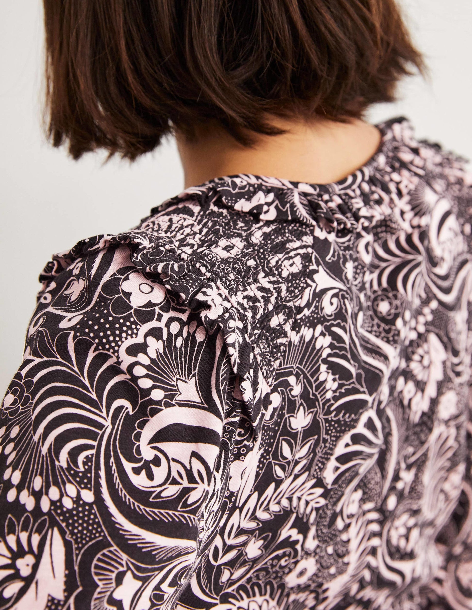 Notch Neck Smocked Frill Top-Black, Paisley Dot-3