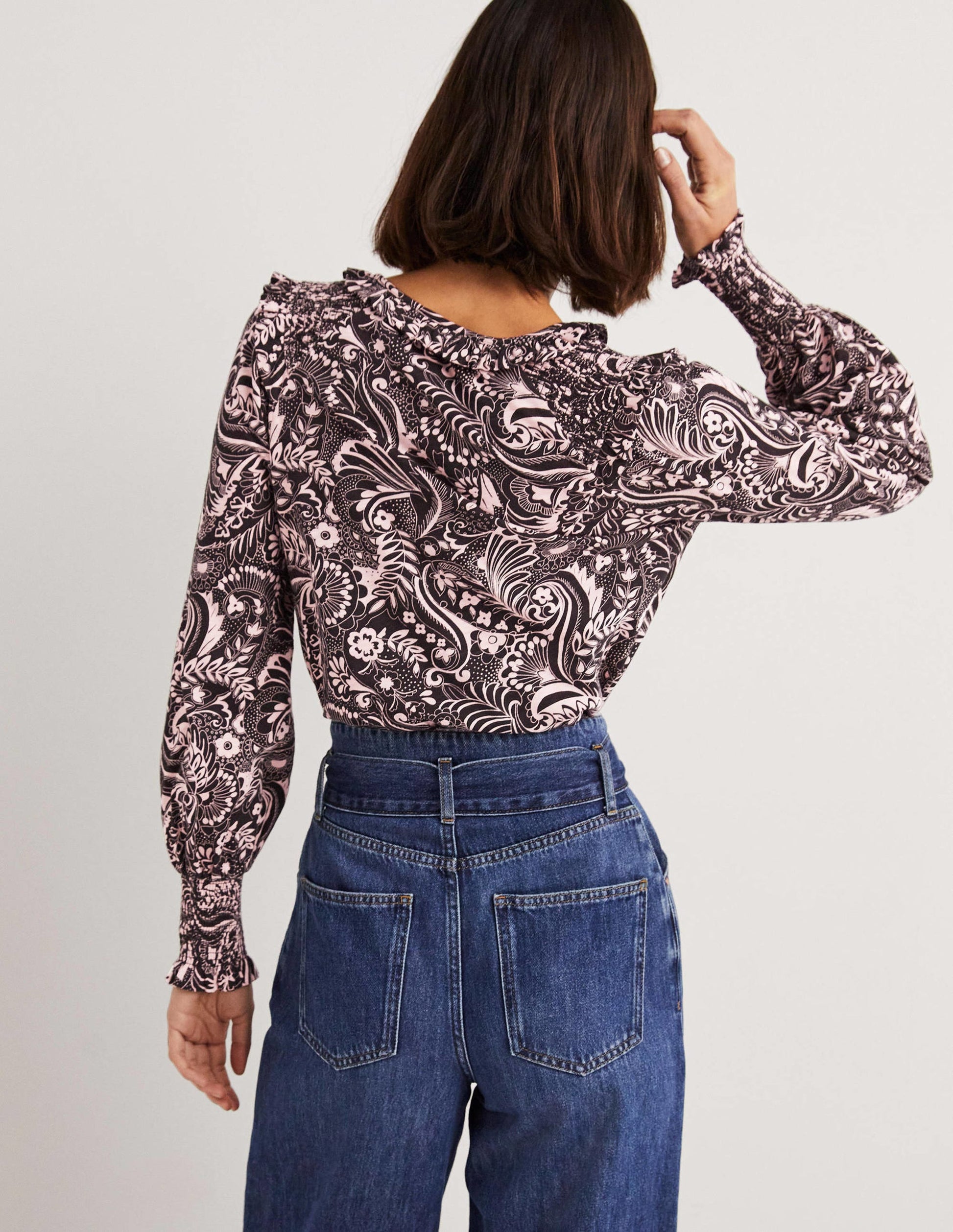 Notch Neck Smocked Frill Top-Black, Paisley Dot-4