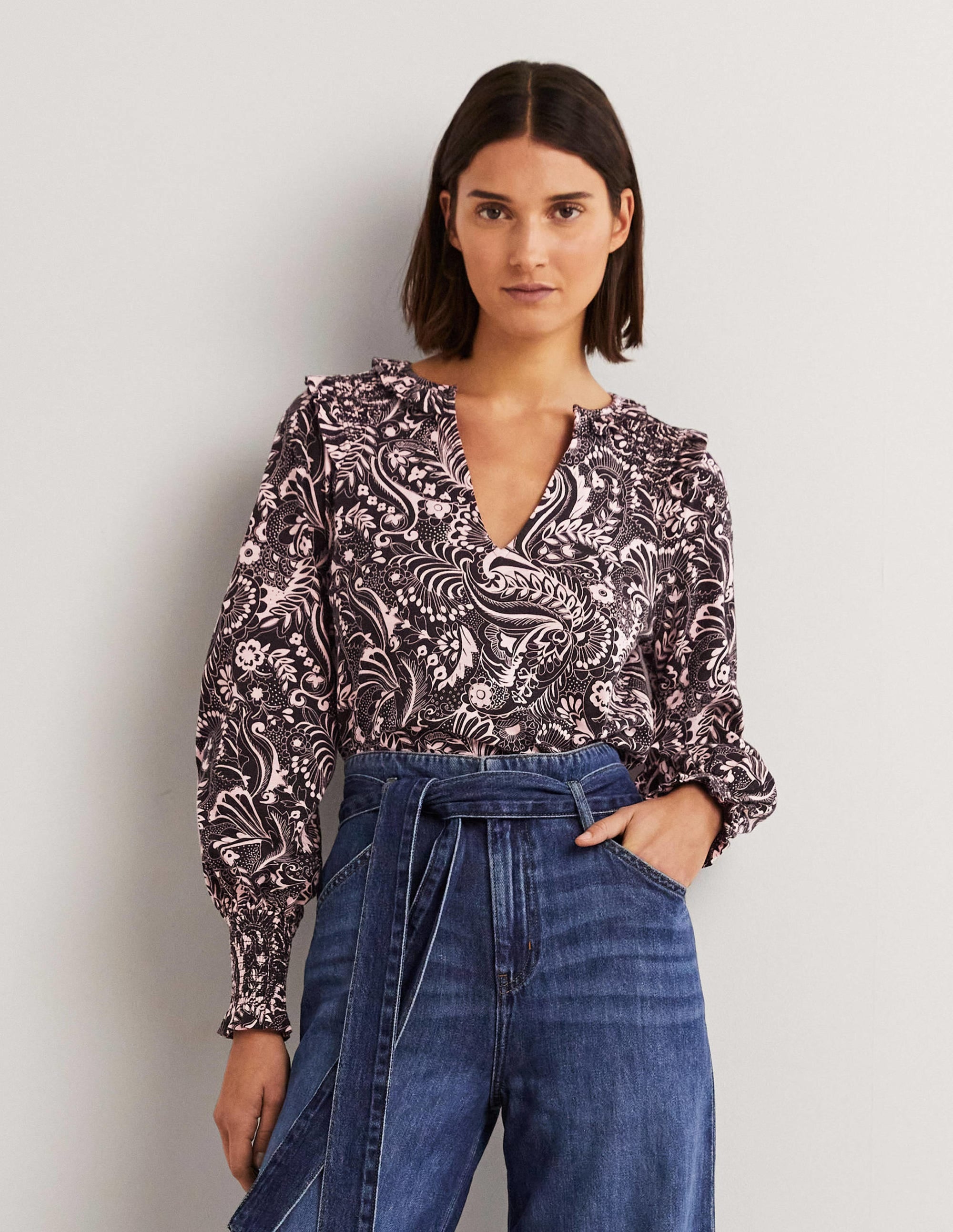 Notch Neck Smocked Frill Top-Black, Paisley Dot - Image 5