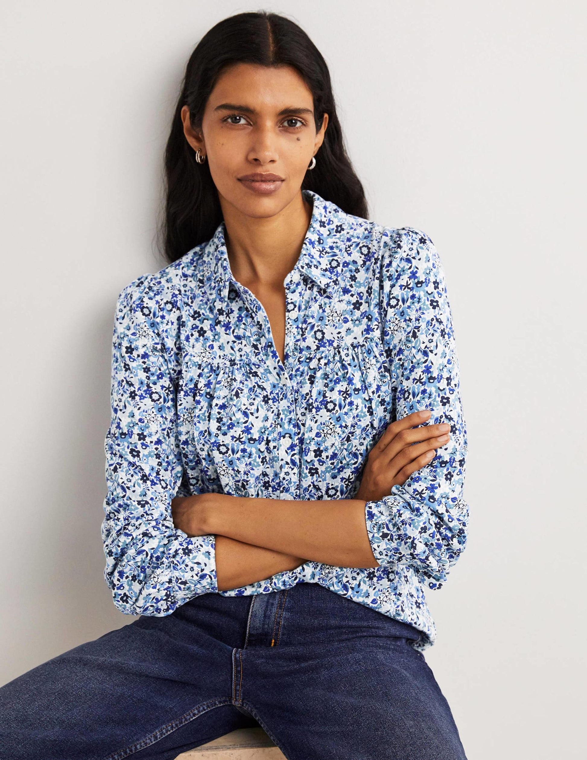 Gathered Detail Shirt-Dusty Blue, Floret Meadow-4