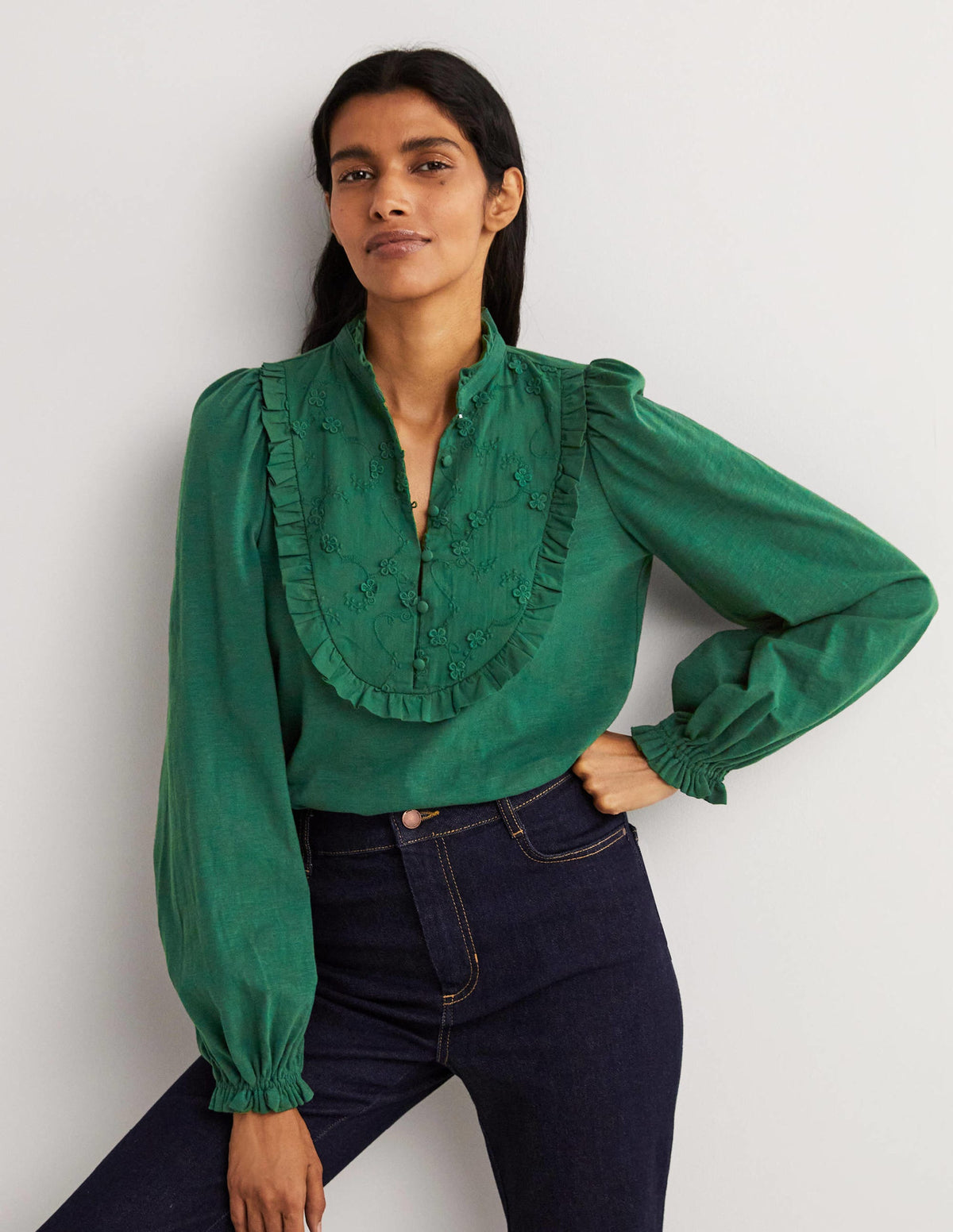 Embroidered Woven Mix Top-Hunter Green - Image 1
