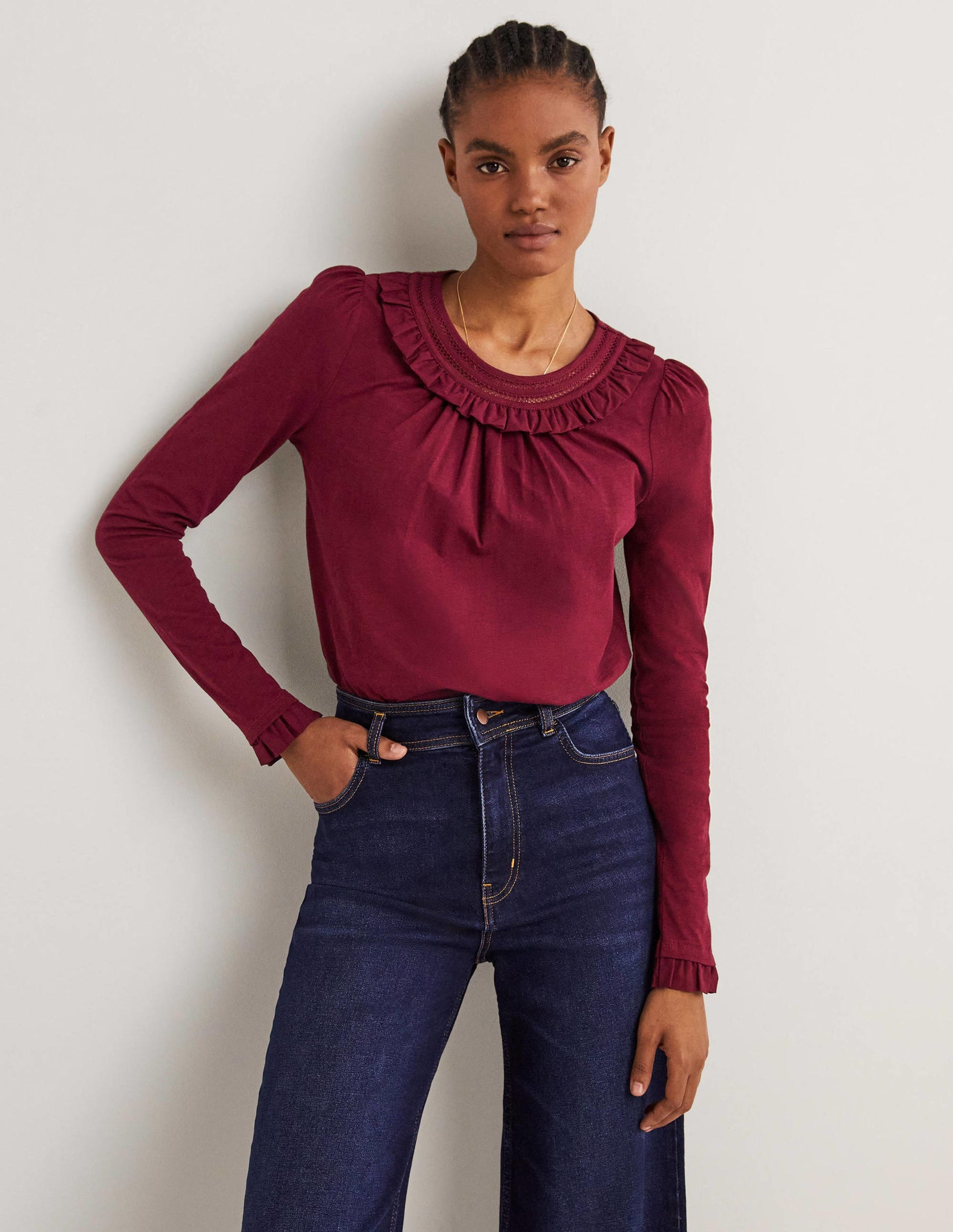 Frill Trim Crew Neck Top-Mulled Wine Purple-1