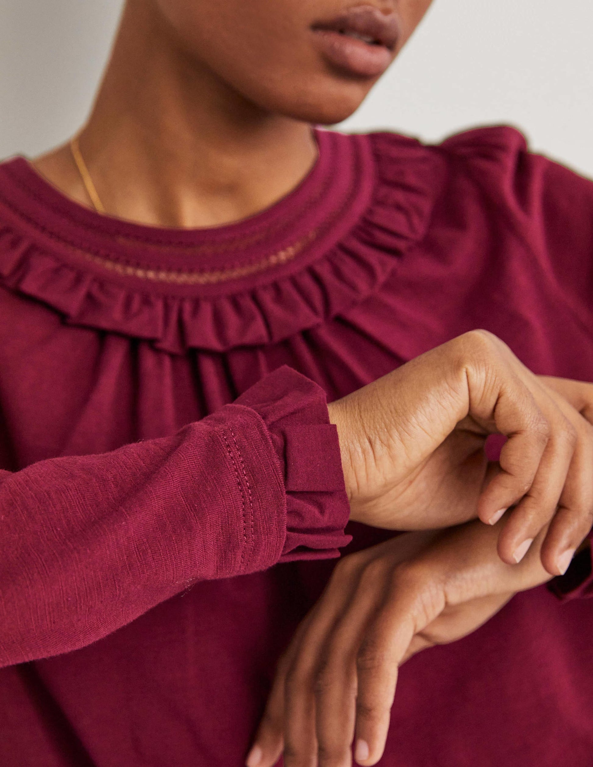 Frill Trim Crew Neck Top-Mulled Wine Purple-2