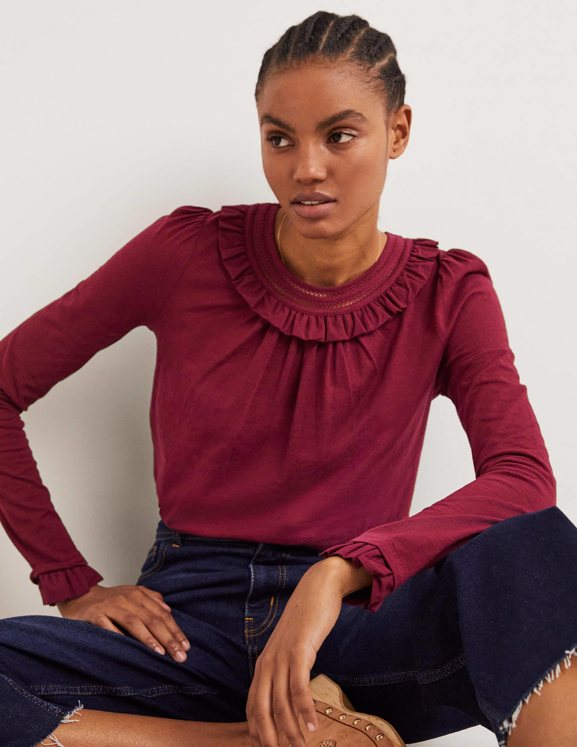 Frill Trim Crew Neck Top-Mulled Wine Purple - Image 4