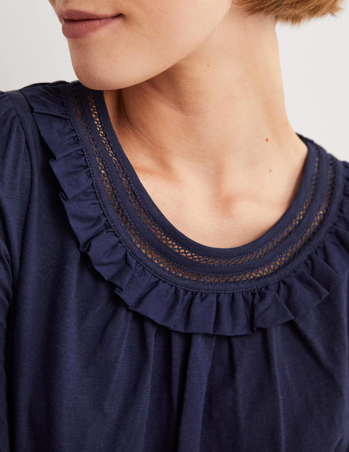 Frill Trim Crew Neck Top-Navy - Image 2