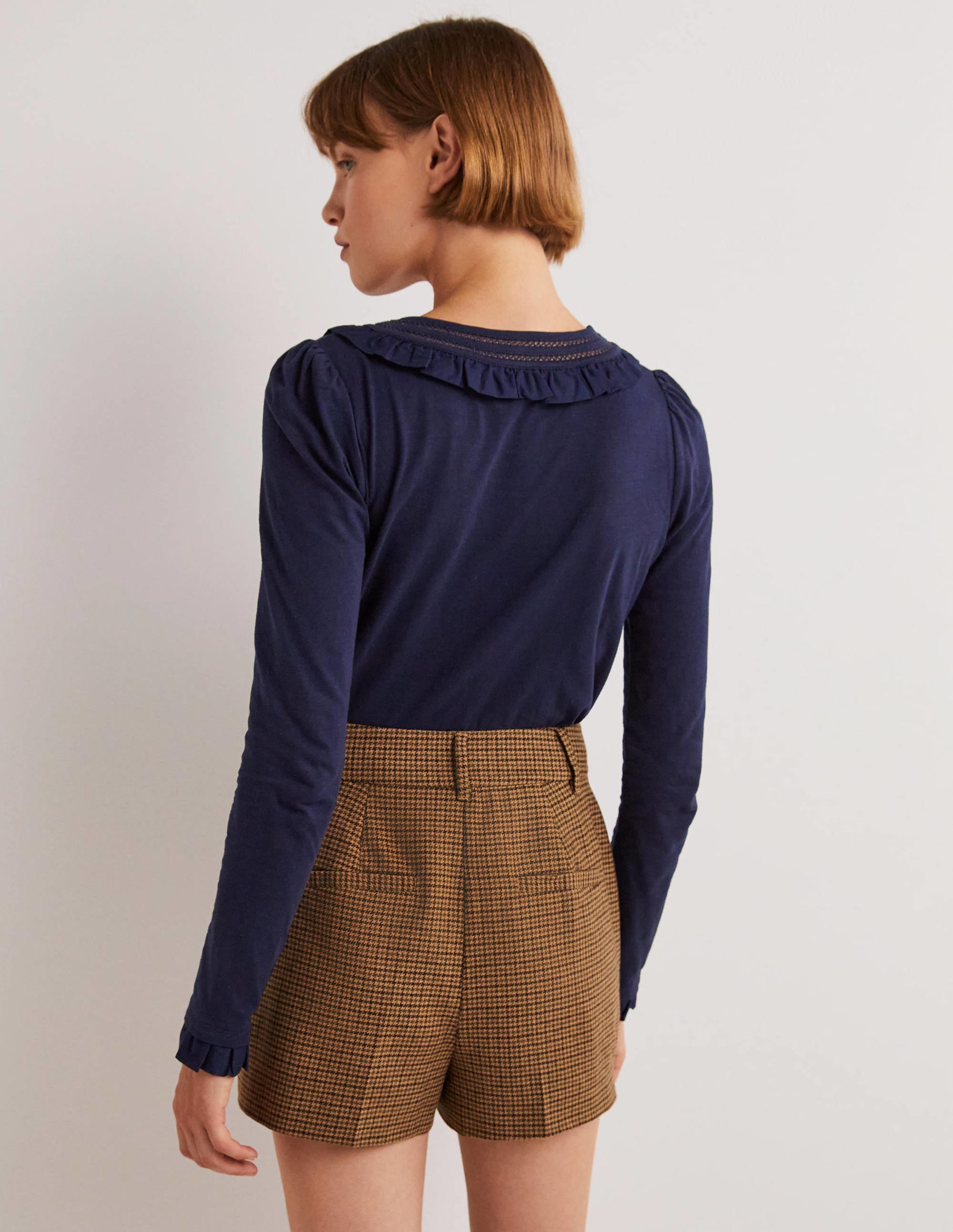Frill Trim Crew Neck Top-Navy - Image 3