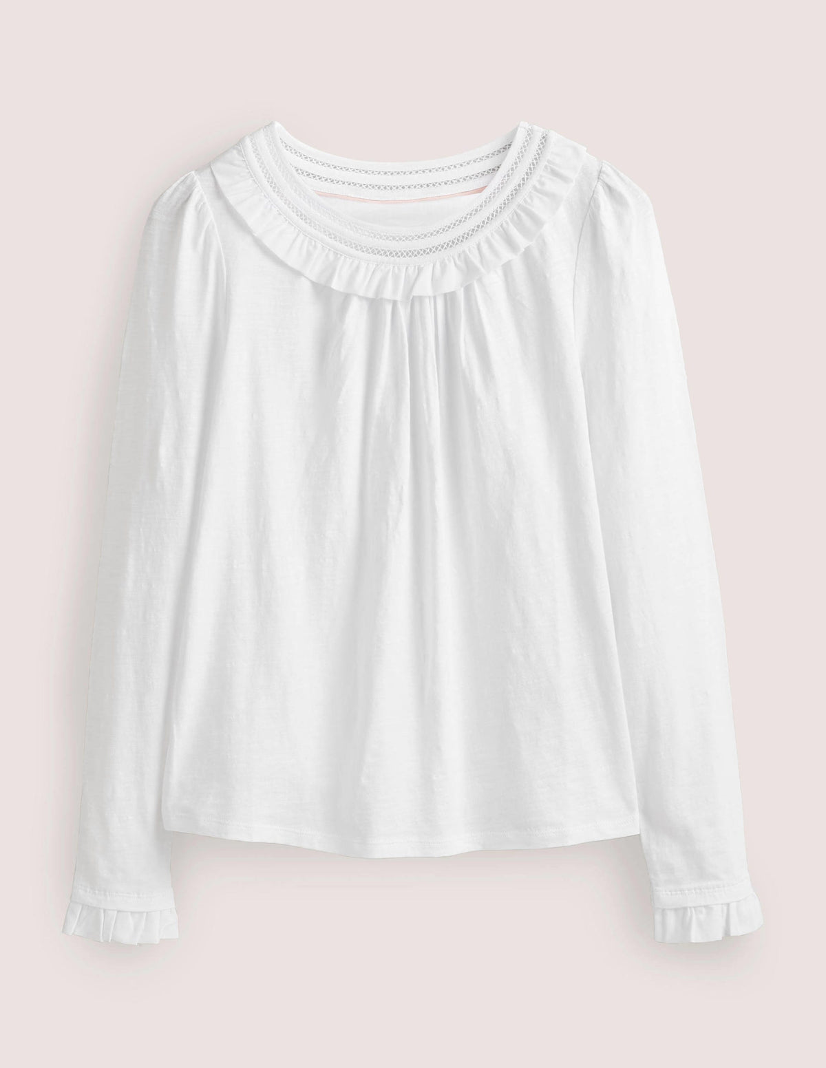 Frill Trim Crew Neck Top-White-6