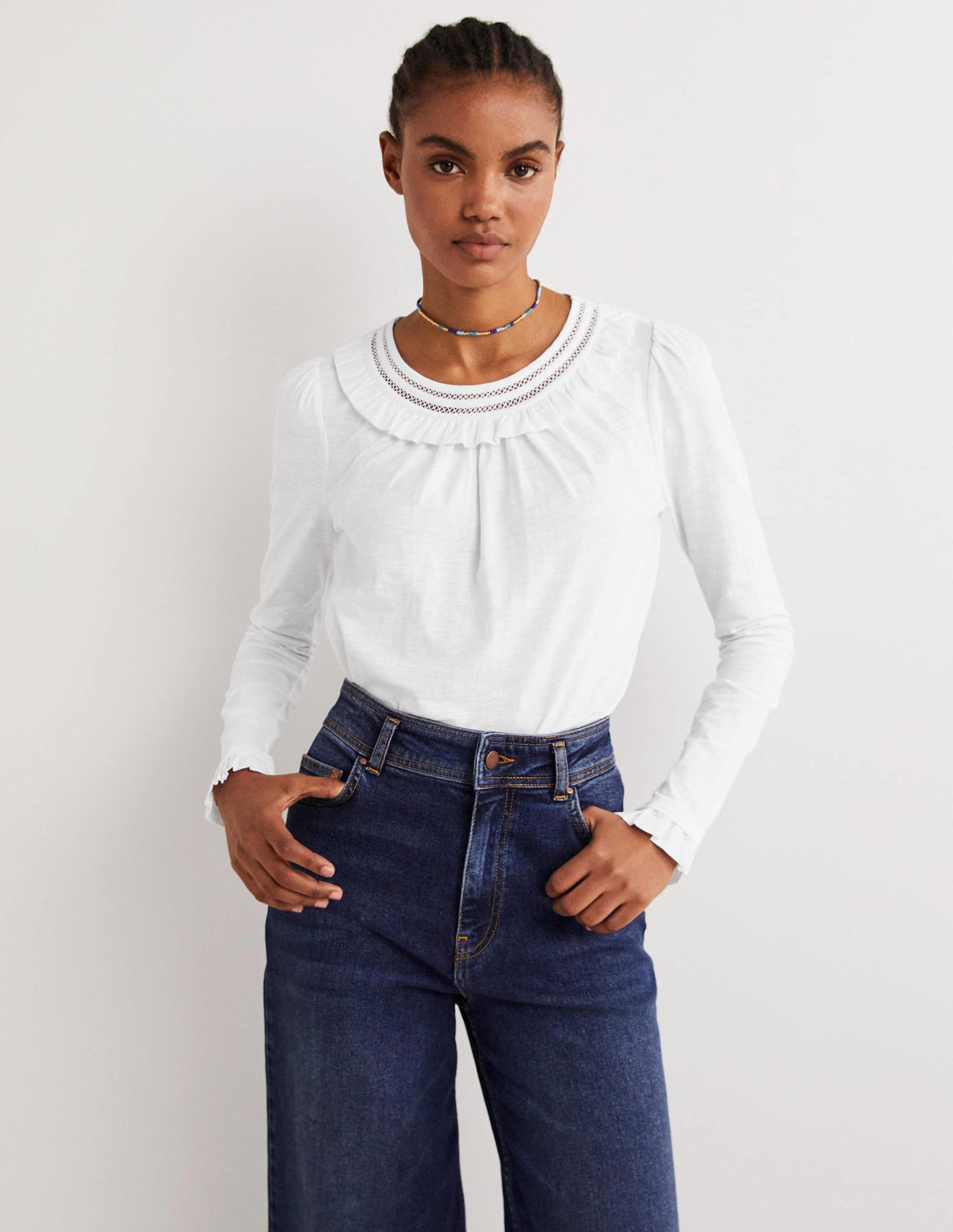 Frill Trim Crew Neck Top-White-1