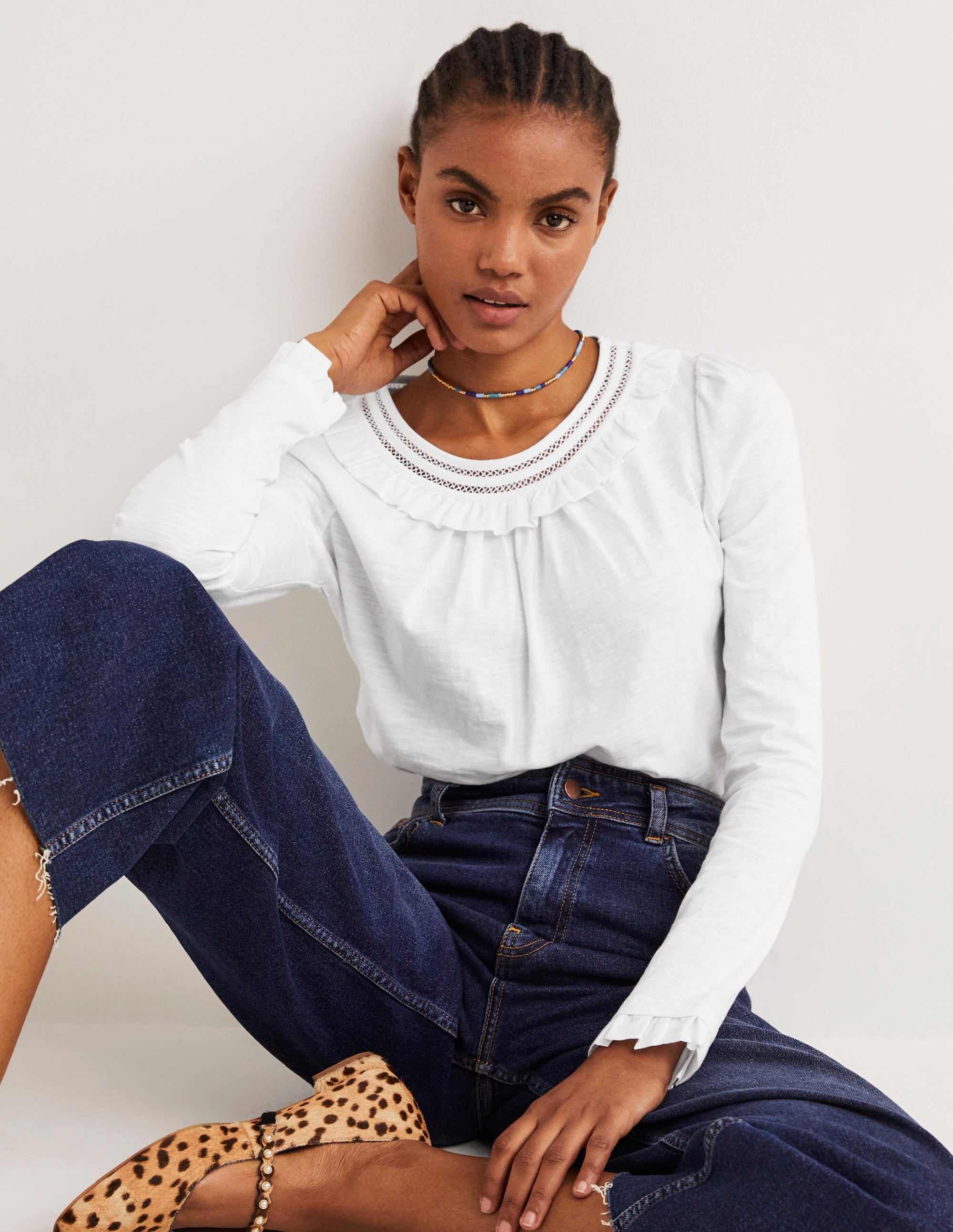 Frill Trim Crew Neck Top-White - Image 4