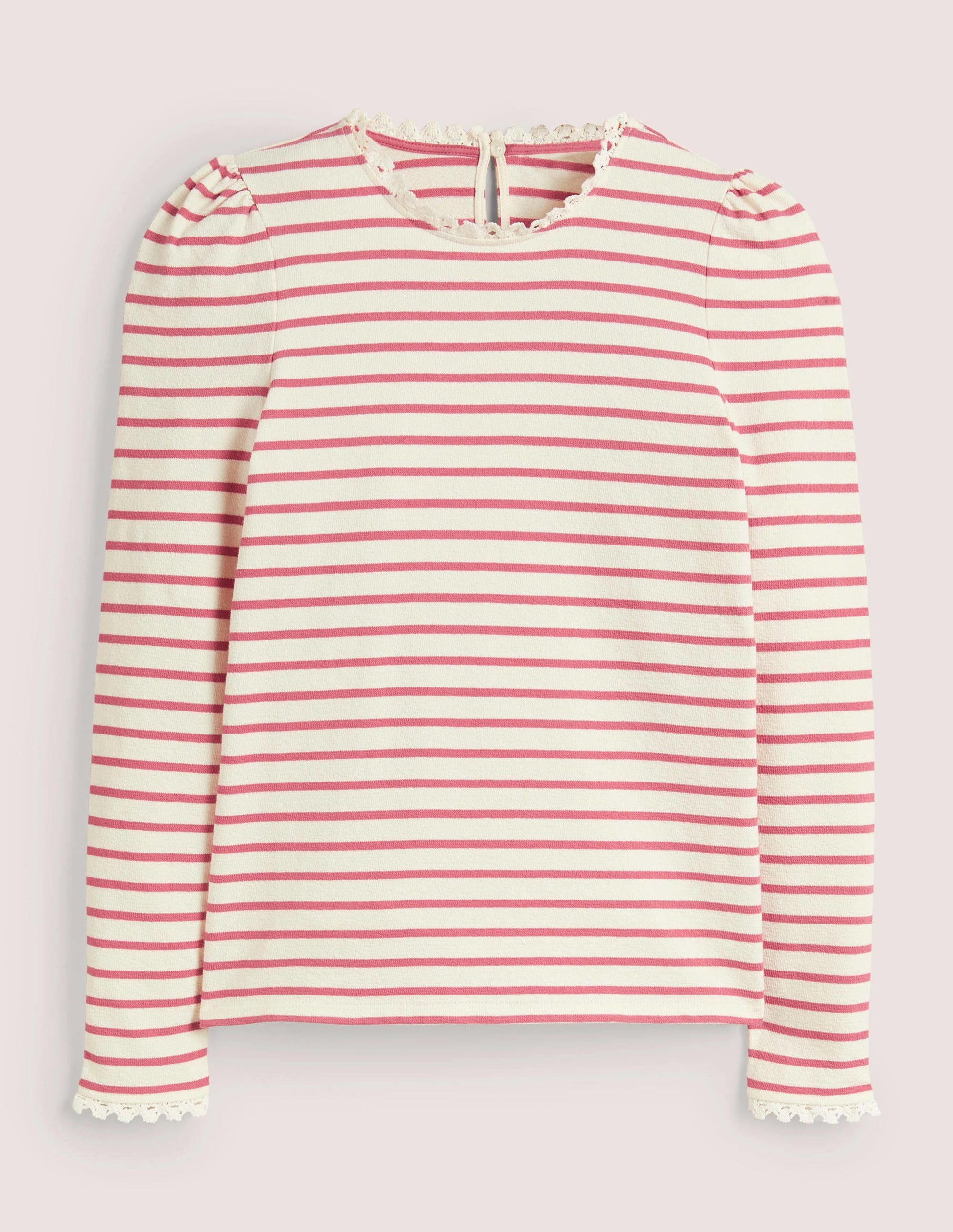 Crochet Trim Crew Neck Top-Ivory, Dusty Red Stripe-6