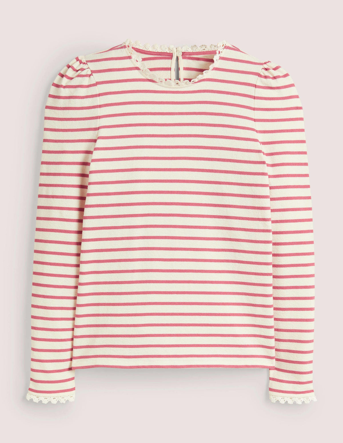 Crochet Trim Crew Neck Top-Ivory, Dusty Red Stripe - Image 6