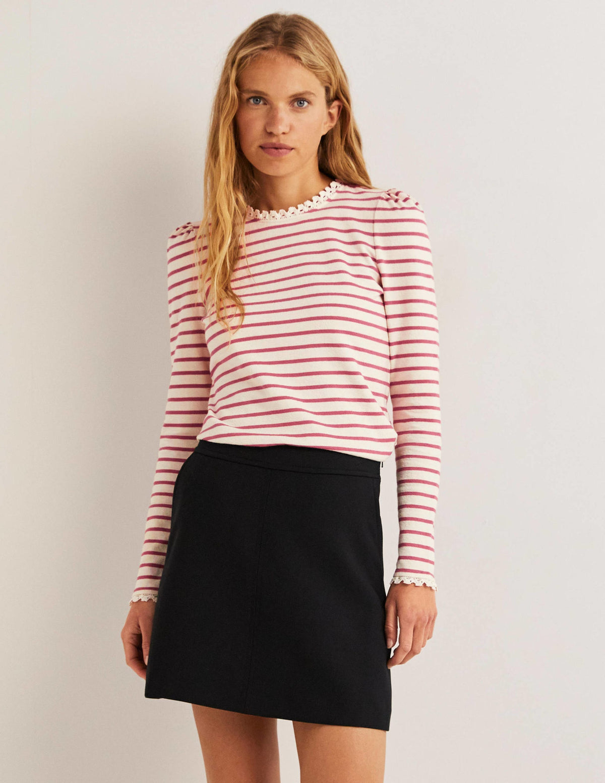 Crochet Trim Crew Neck Top-Ivory, Dusty Red Stripe - Image 1