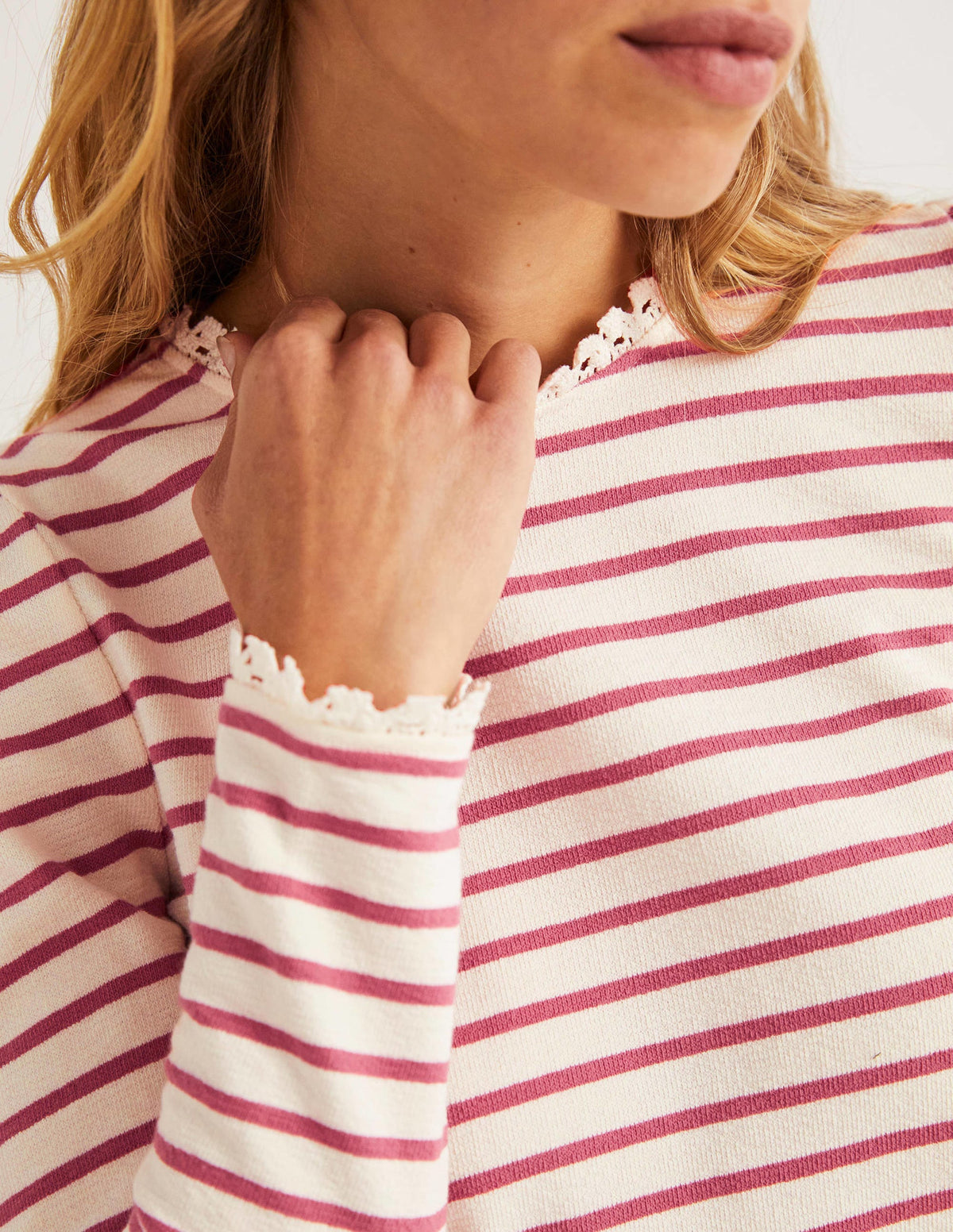 Crochet Trim Crew Neck Top-Ivory, Dusty Red Stripe-2