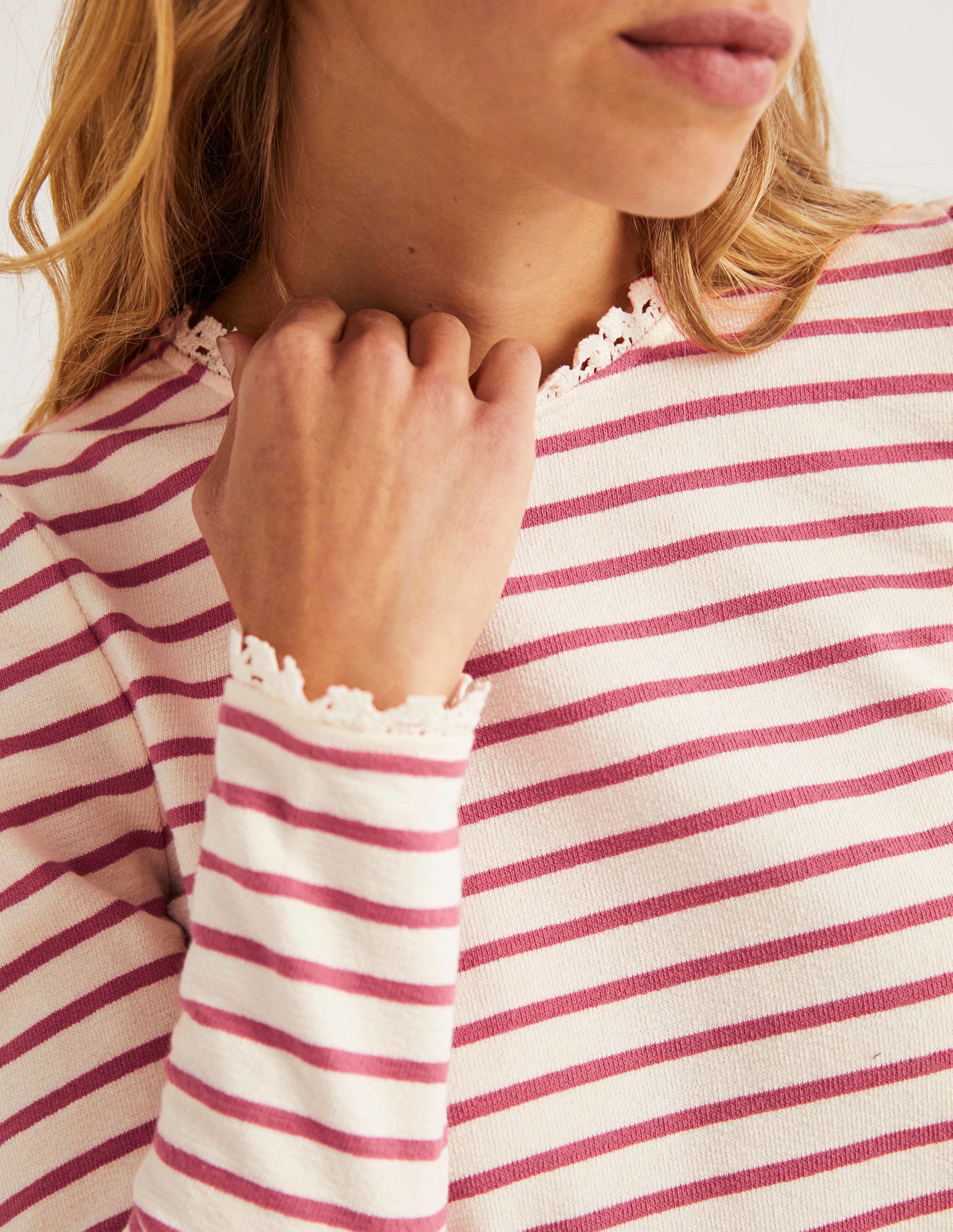 Crochet Trim Crew Neck Top-Ivory, Dusty Red Stripe - Image 2
