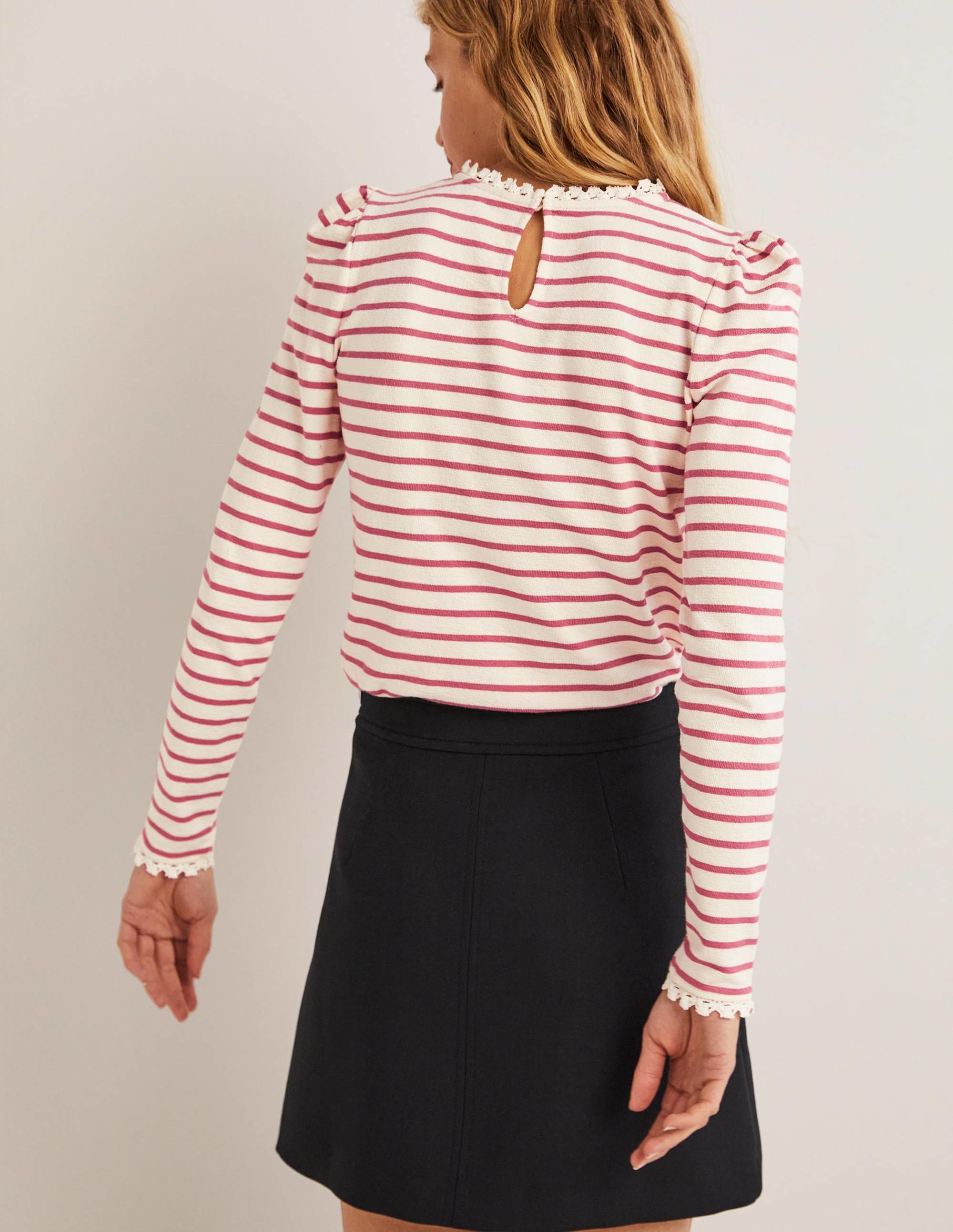 Crochet Trim Crew Neck Top-Ivory, Dusty Red Stripe - Image 3