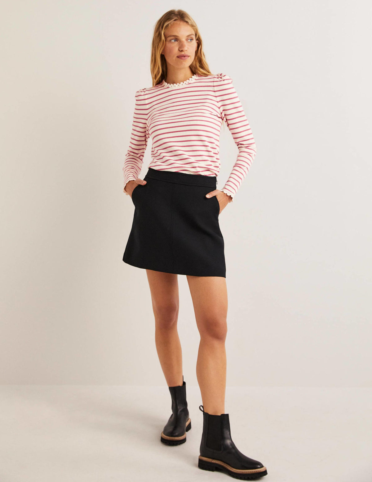 Crochet Trim Crew Neck Top-Ivory, Dusty Red Stripe - Image 5