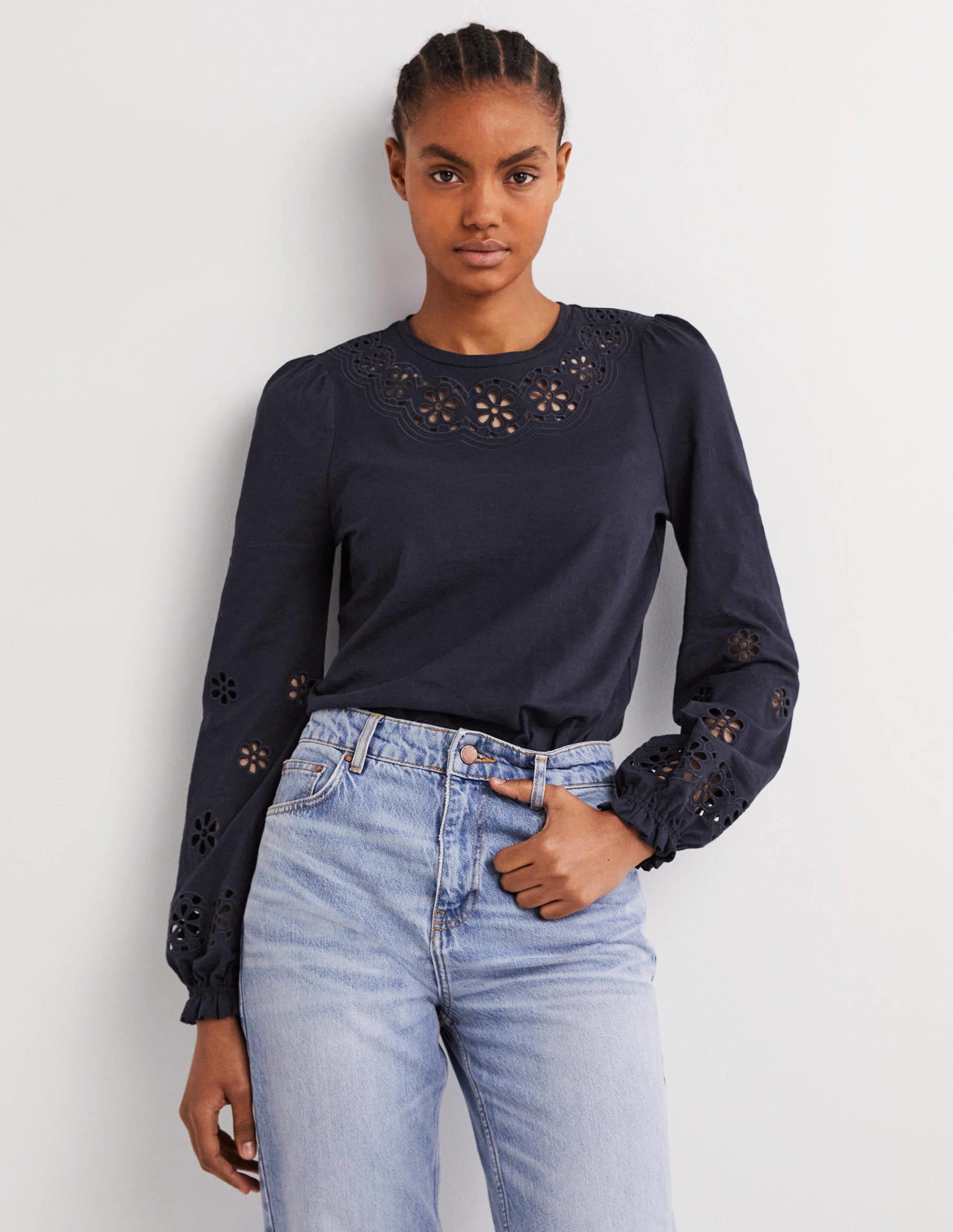 Broderie Insert Jersey Top-Navy - Image 1