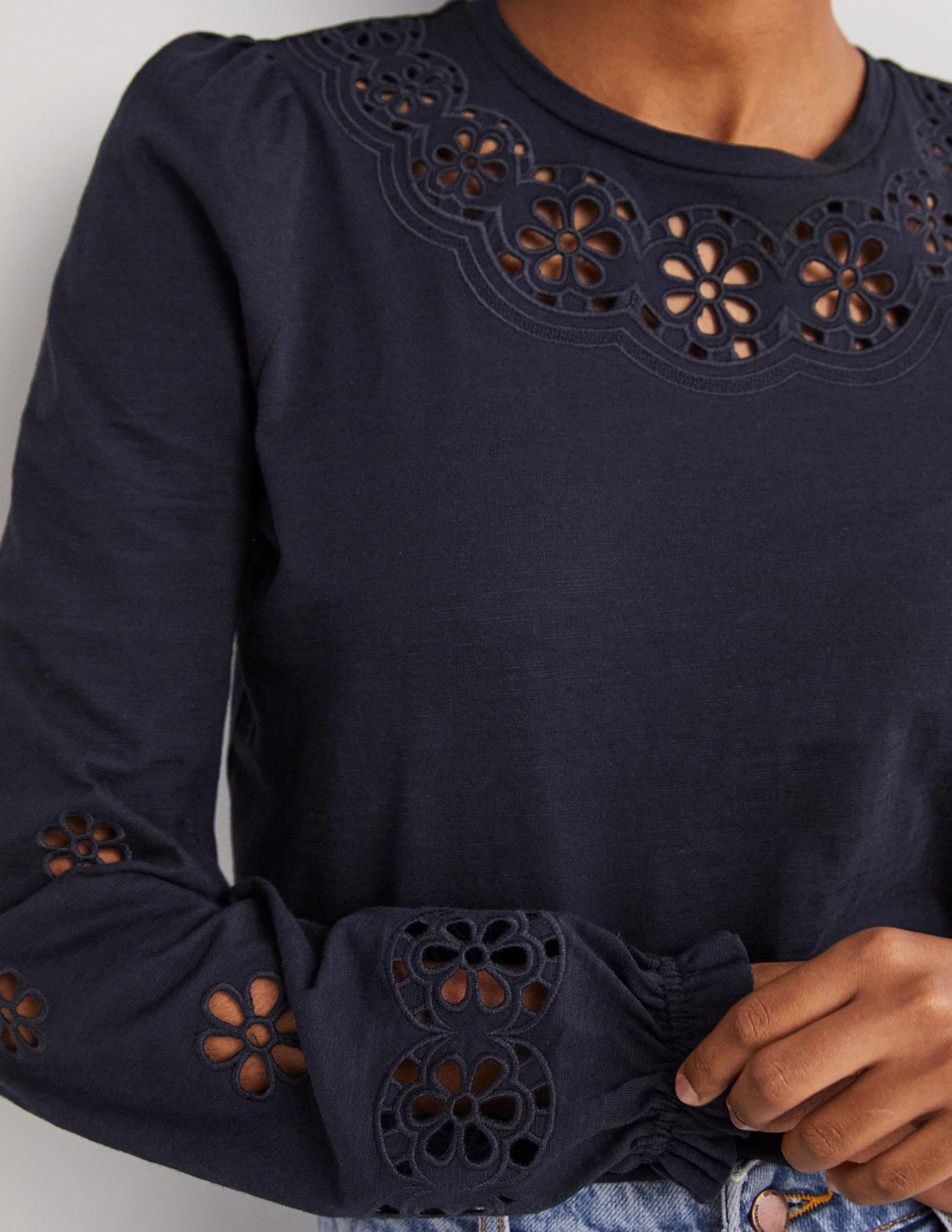 Broderie Insert Jersey Top-Navy-2
