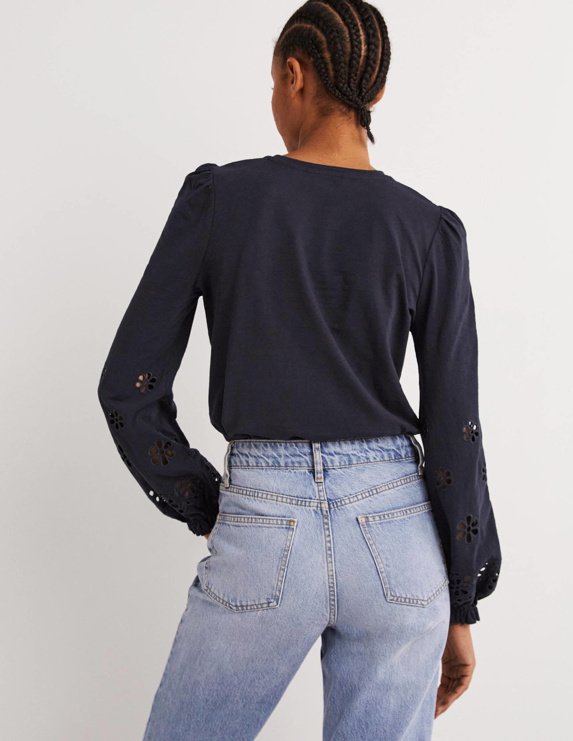 Broderie Insert Jersey Top-Navy - Image 3