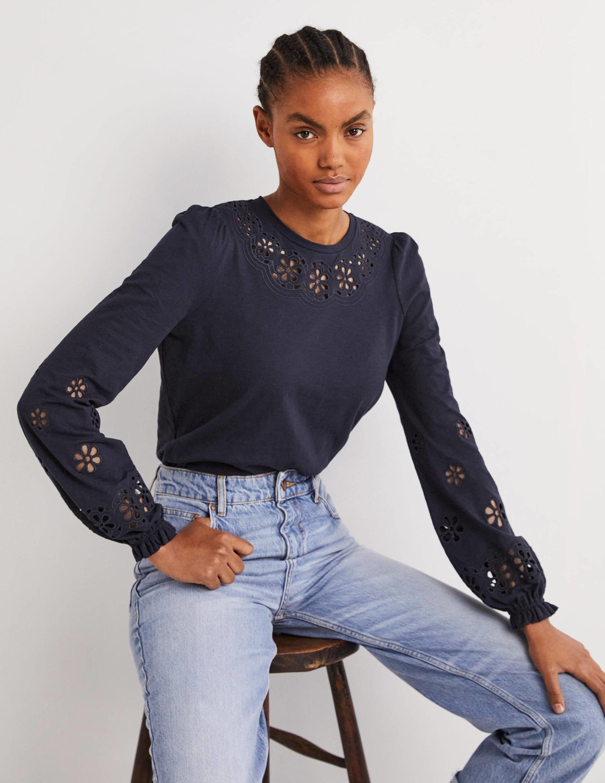 Broderie Insert Jersey Top-Navy-4