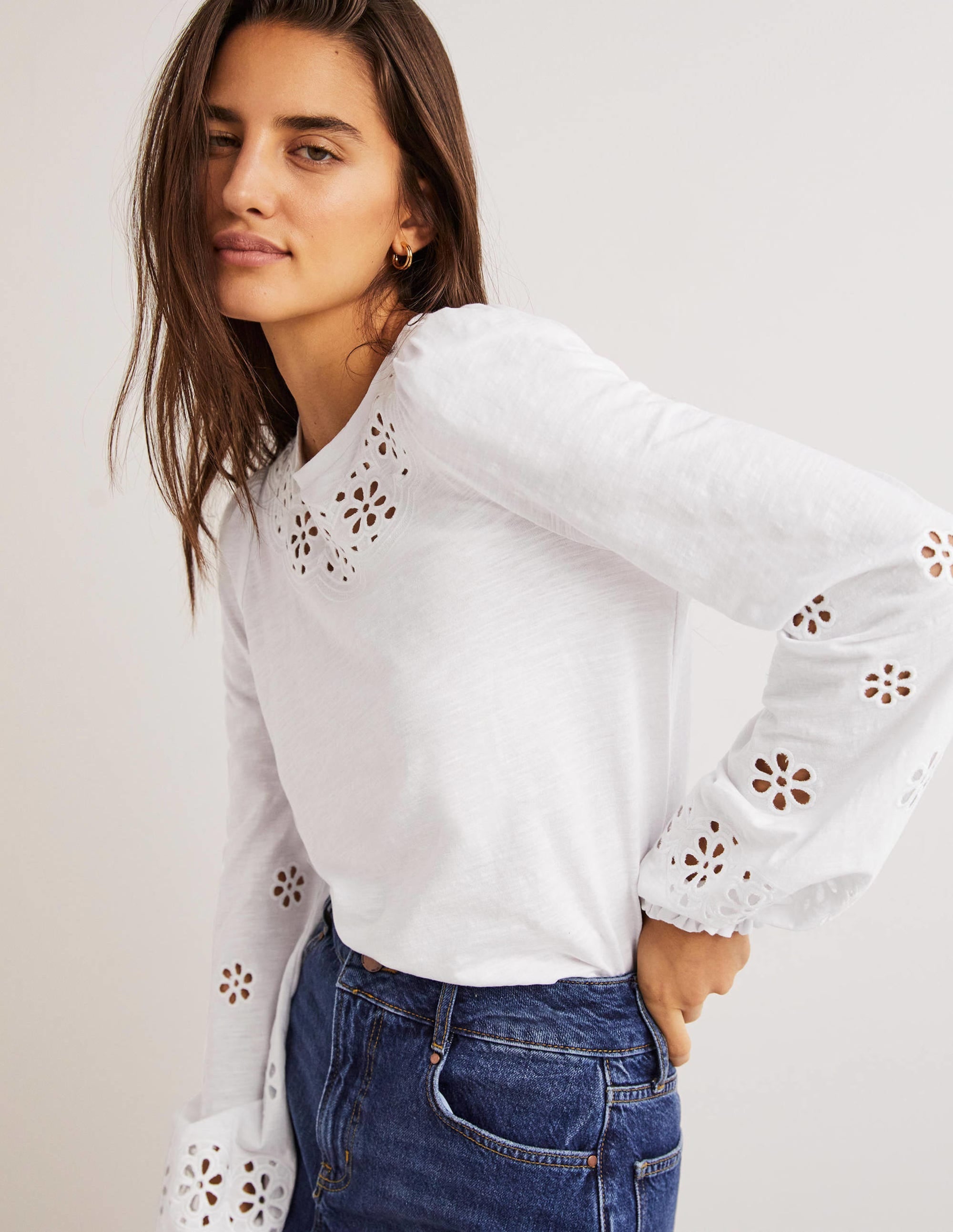 Broderie Insert Jersey Top-White - Image 1