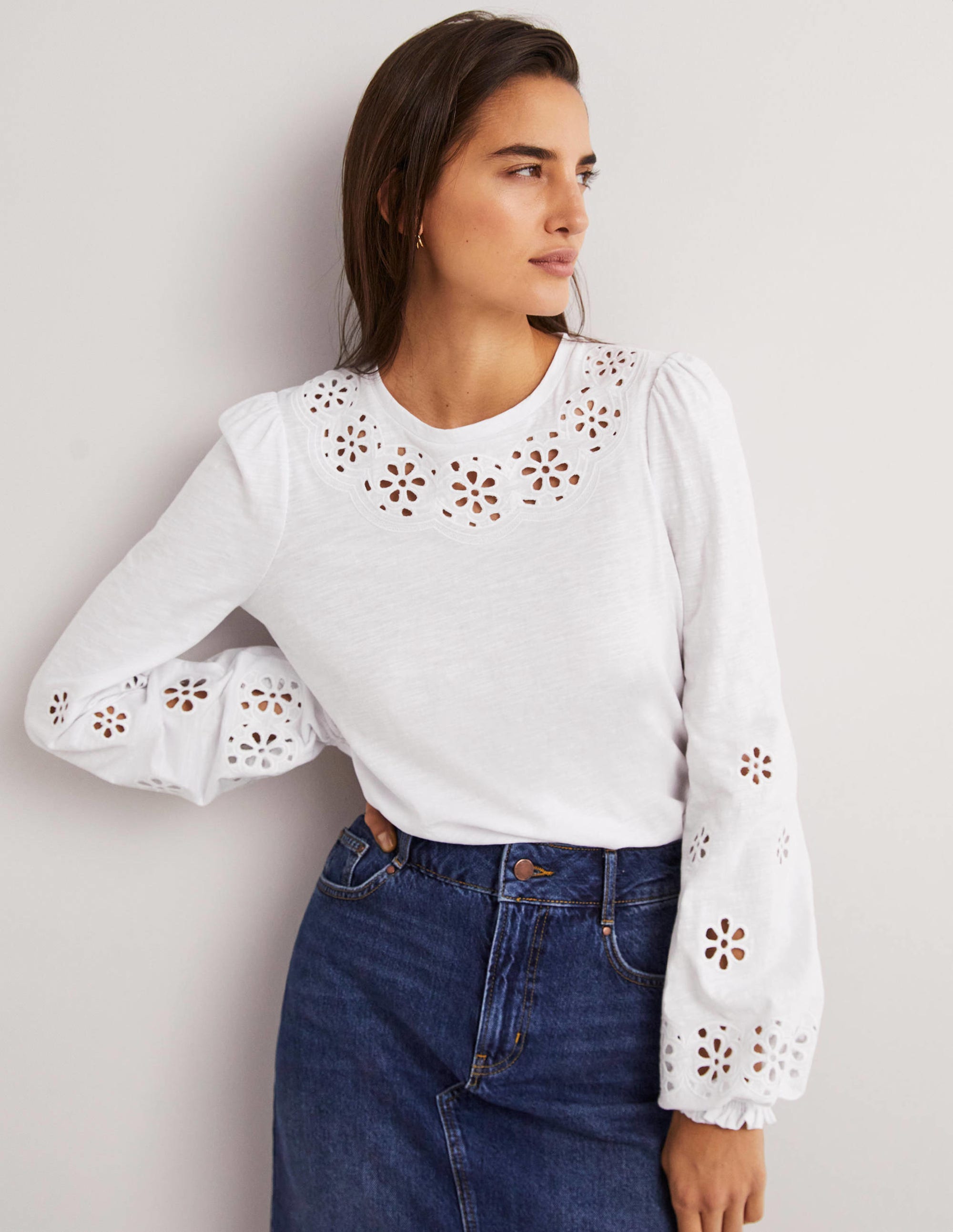 Broderie Insert Jersey Top-White - Image 4