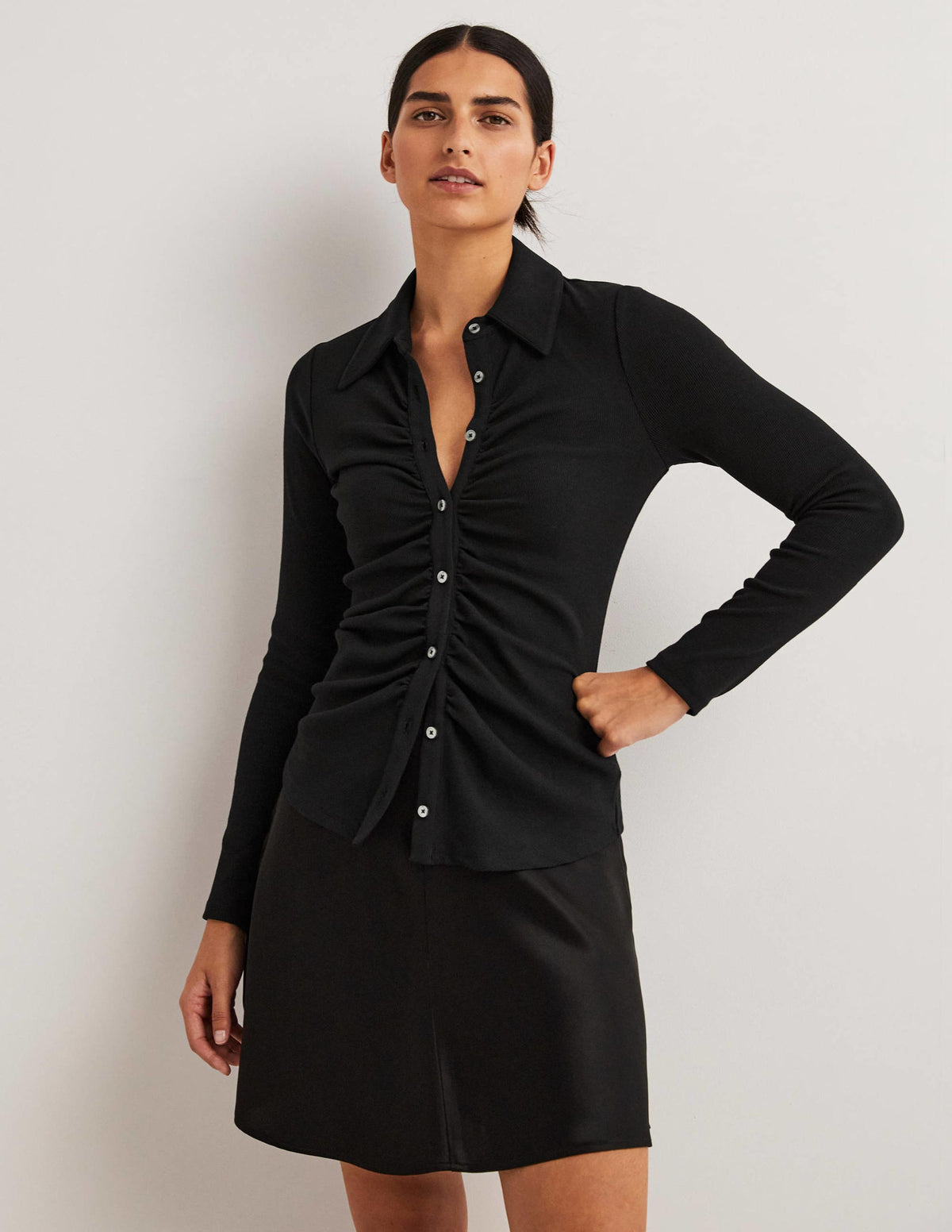 Ruched Front Jersey Shirt-Black - Image 1