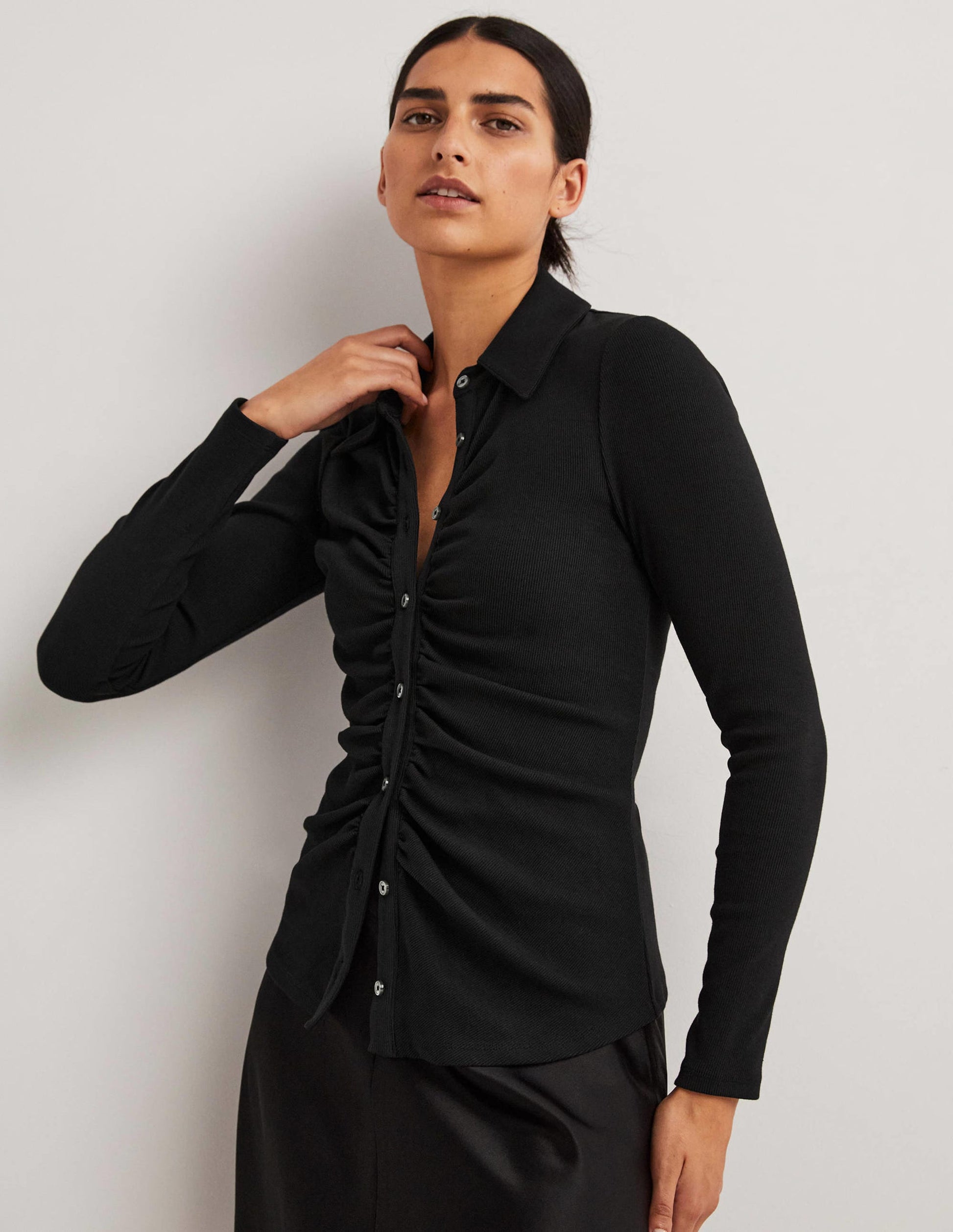 Ruched Front Jersey Shirt-Black-5