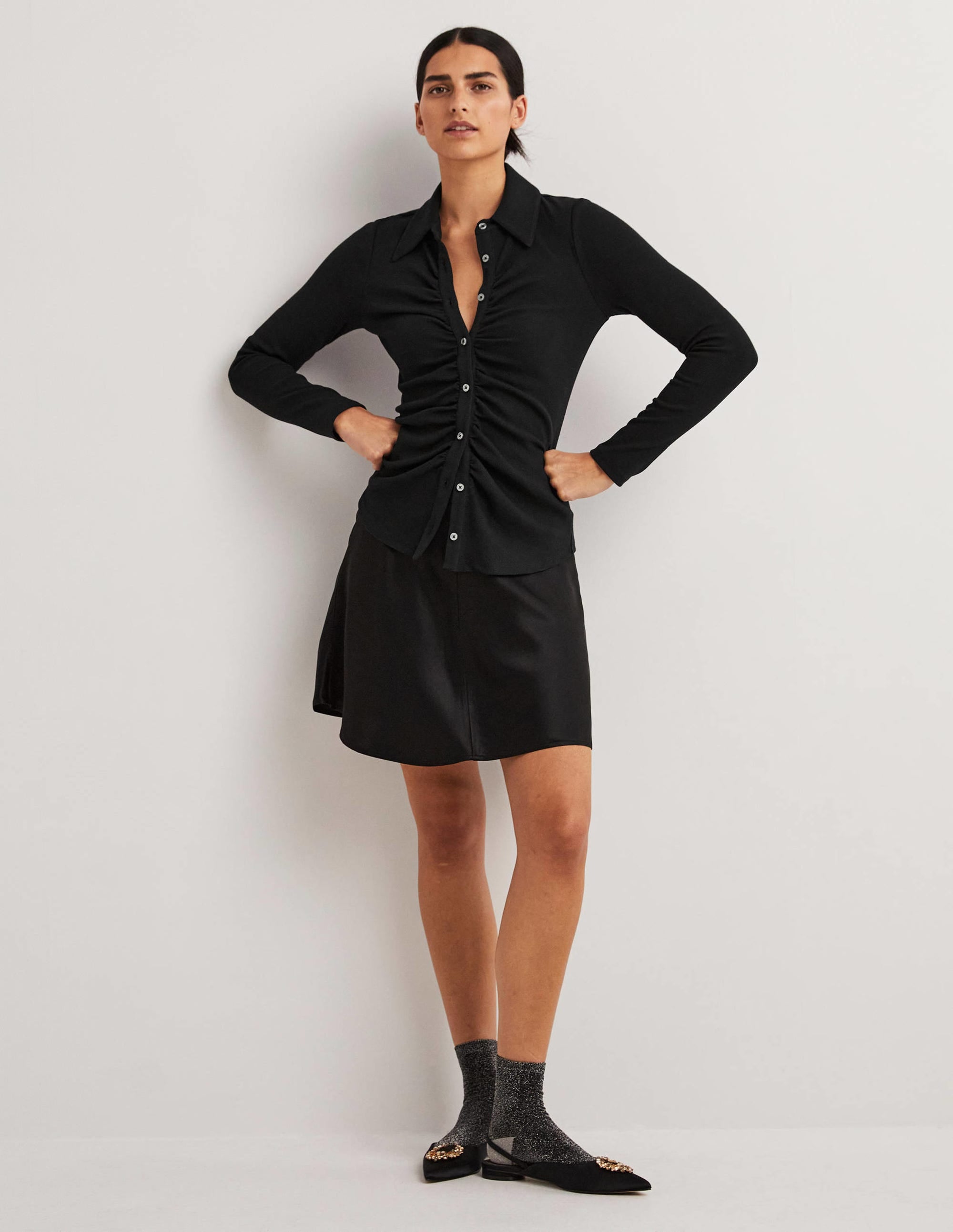 Ruched Front Jersey Shirt-Black - Image 6