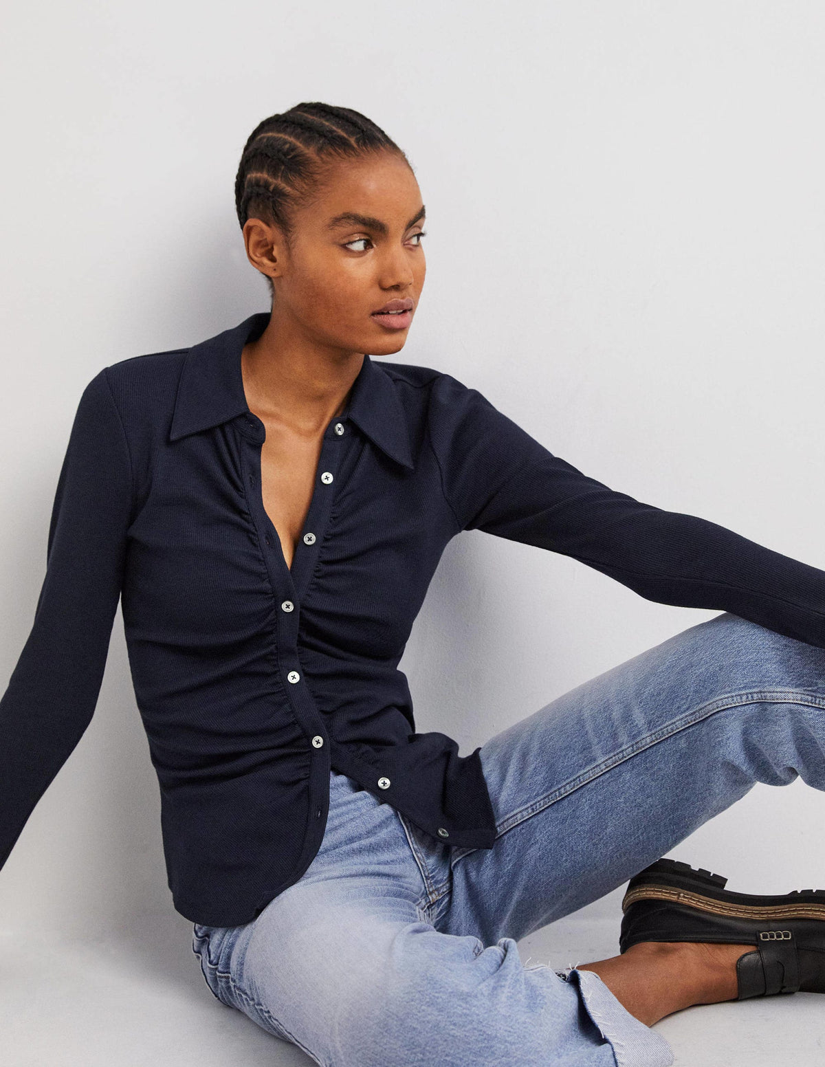 Ruched Front Jersey Shirt-Navy - Image 1