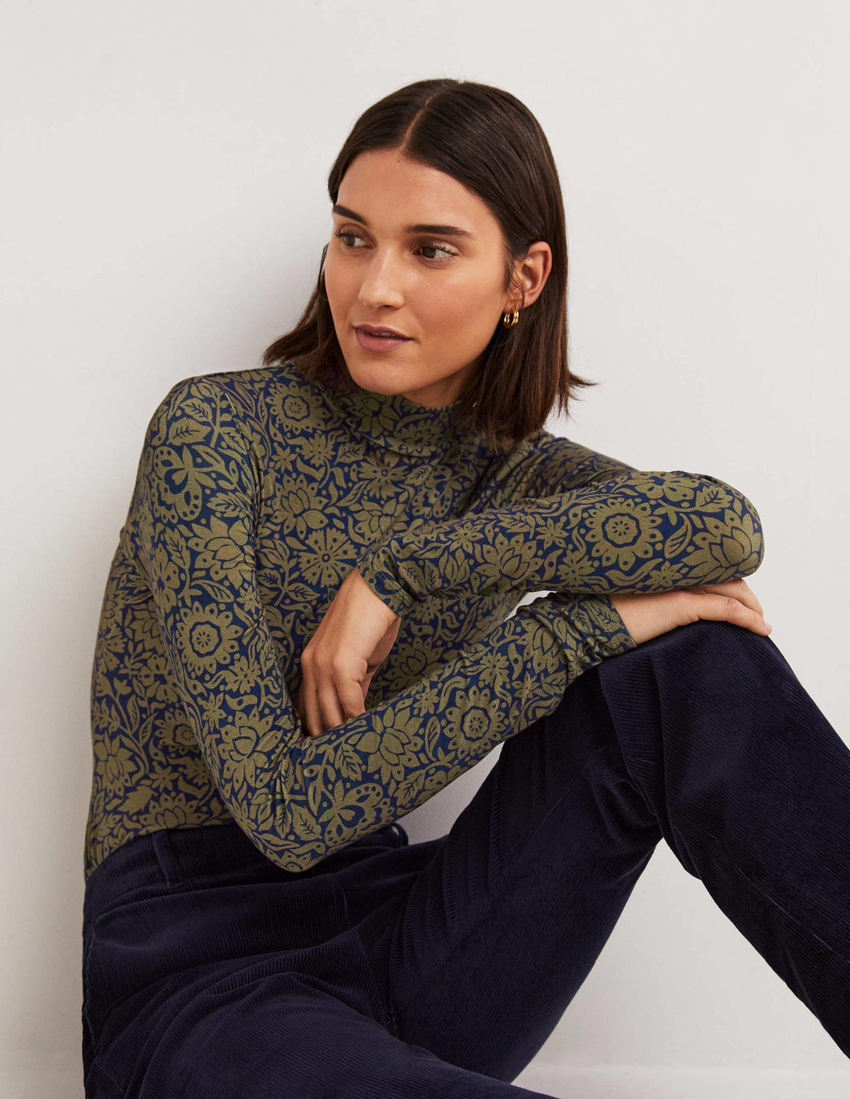 Jersey High Neck Top-Basil, Foliage Bloom-1