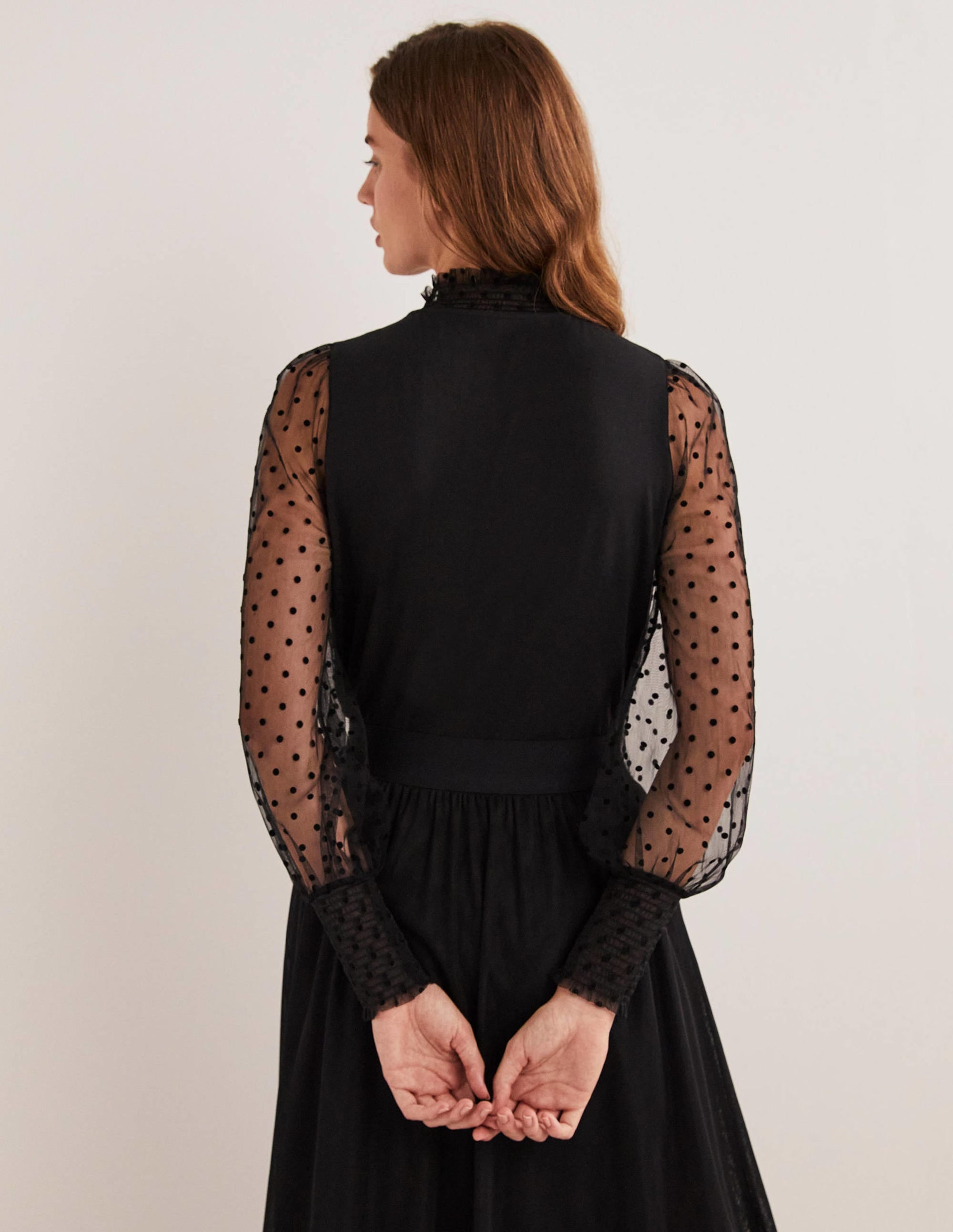 Black Polka Dot Tulle-Sleeve Party Top-Black/Black Flocked Spot - Image 3