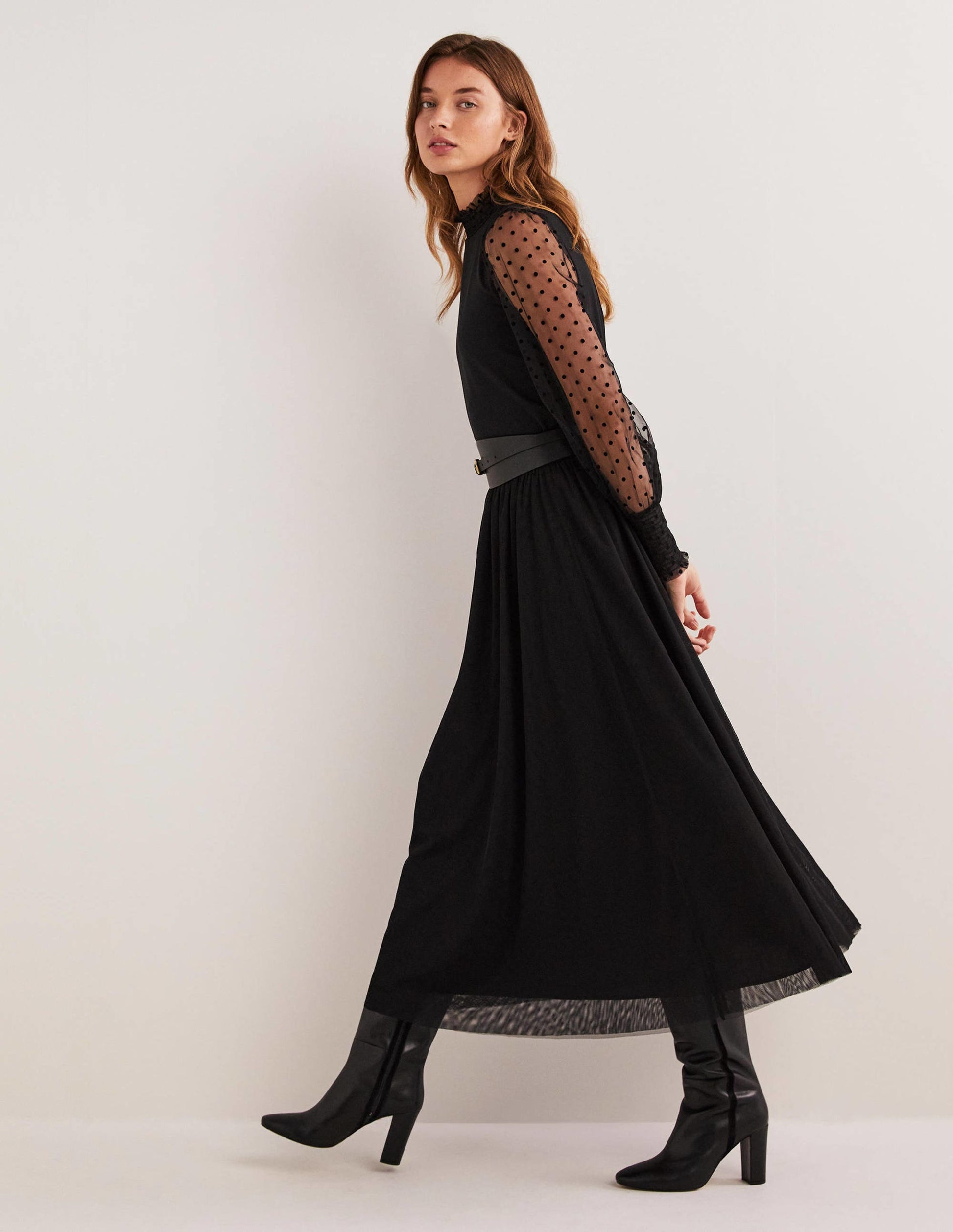 Black Polka Dot Tulle-Sleeve Party Top-Black/Black Flocked Spot-5