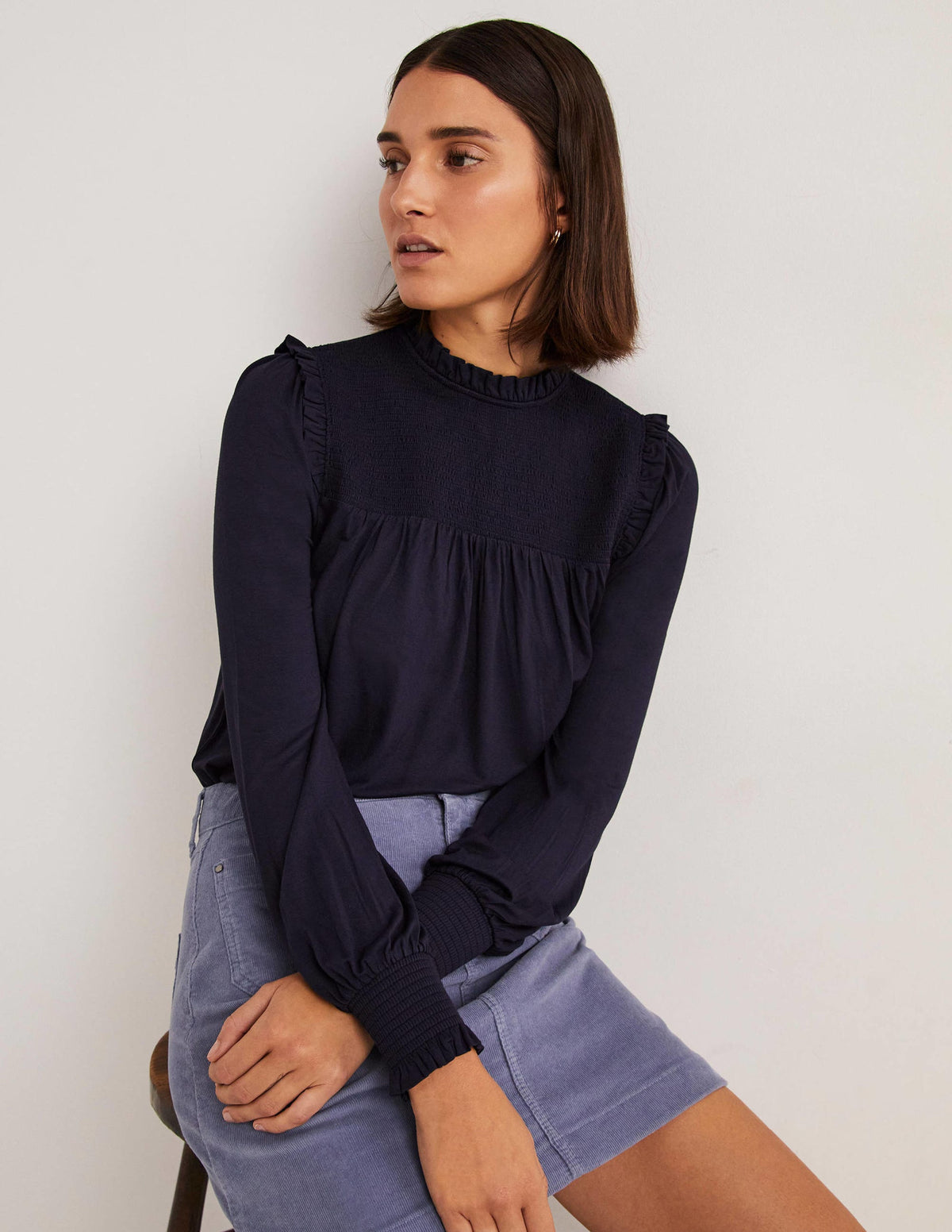 Smocked Yoke Top-Navy-1