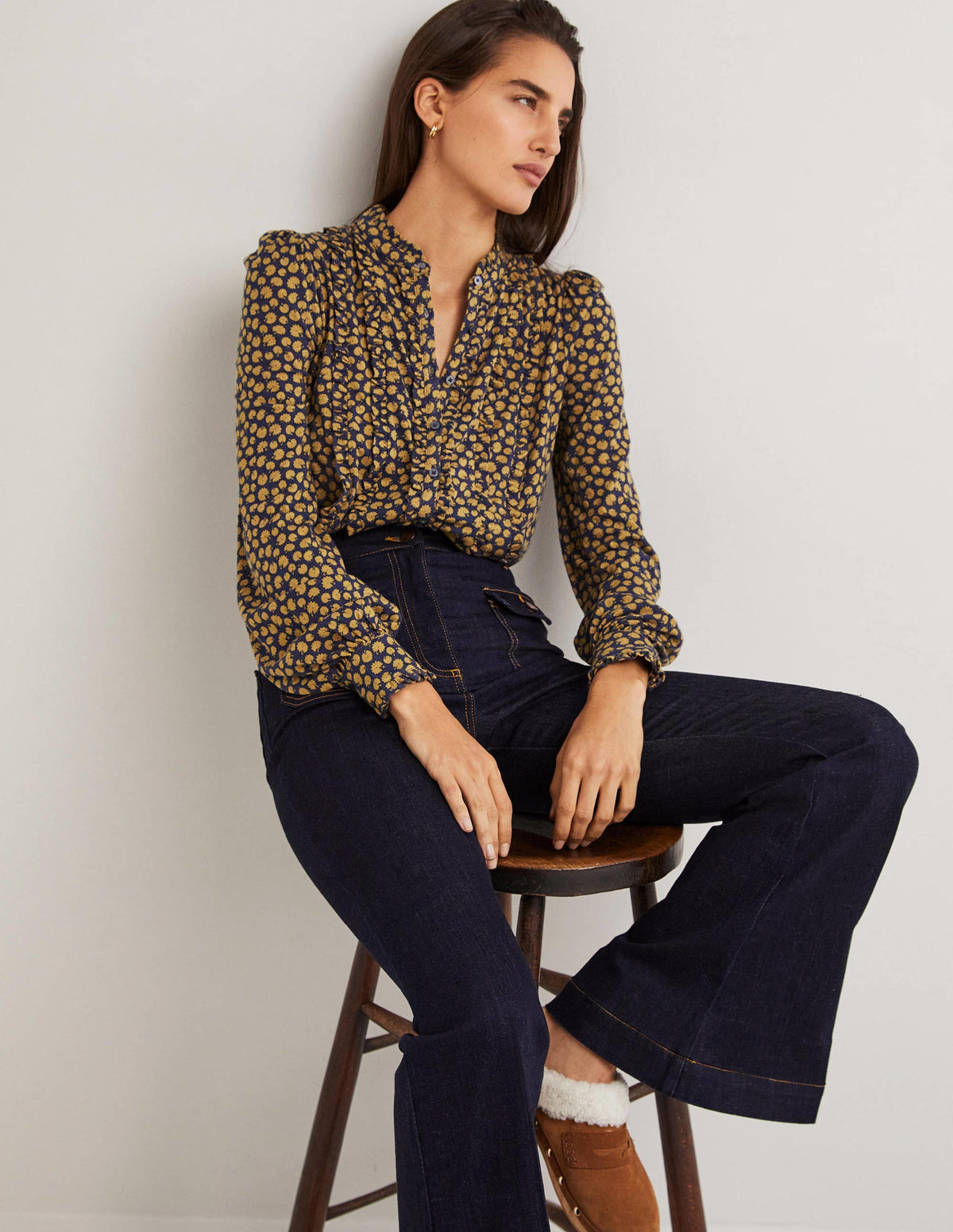 Ruffle Jersey Shirt-Brioche, Botanic Stamp-4