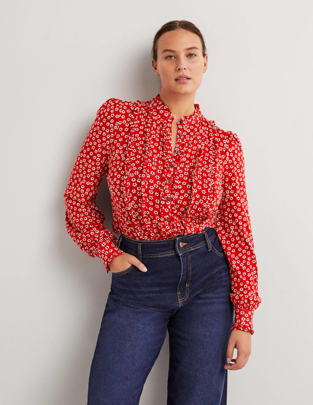 Ruffle Jersey Shirt-Poinsettia, Daises-1