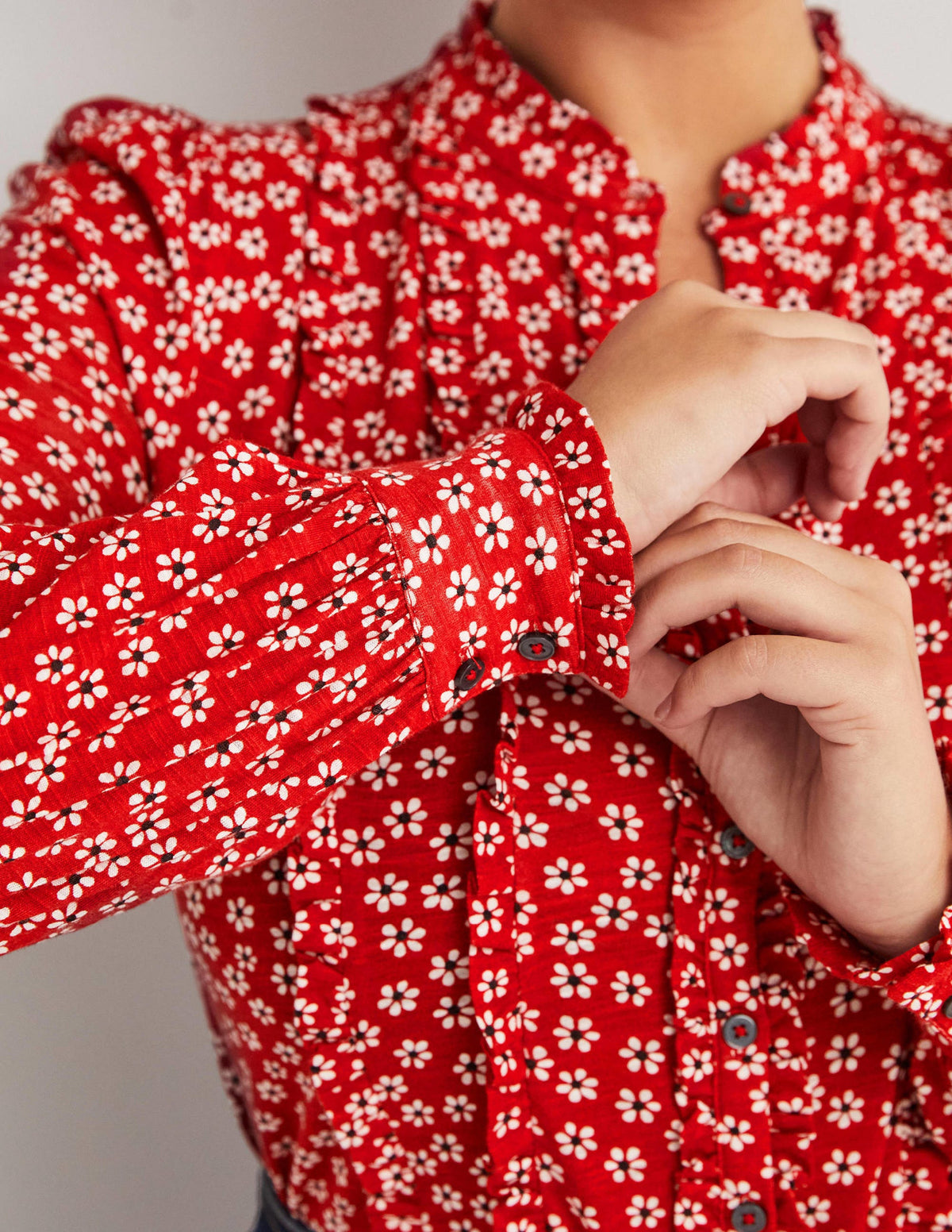 Ruffle Jersey Shirt-Poinsettia, Daises - Image 2