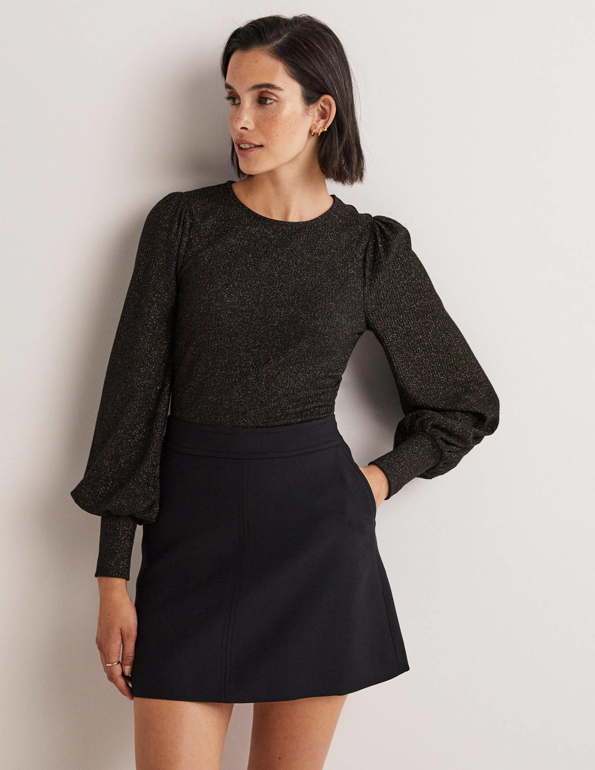 Metallic Blouson Sleeve Top-Black/Gold Sparkle - Image 1
