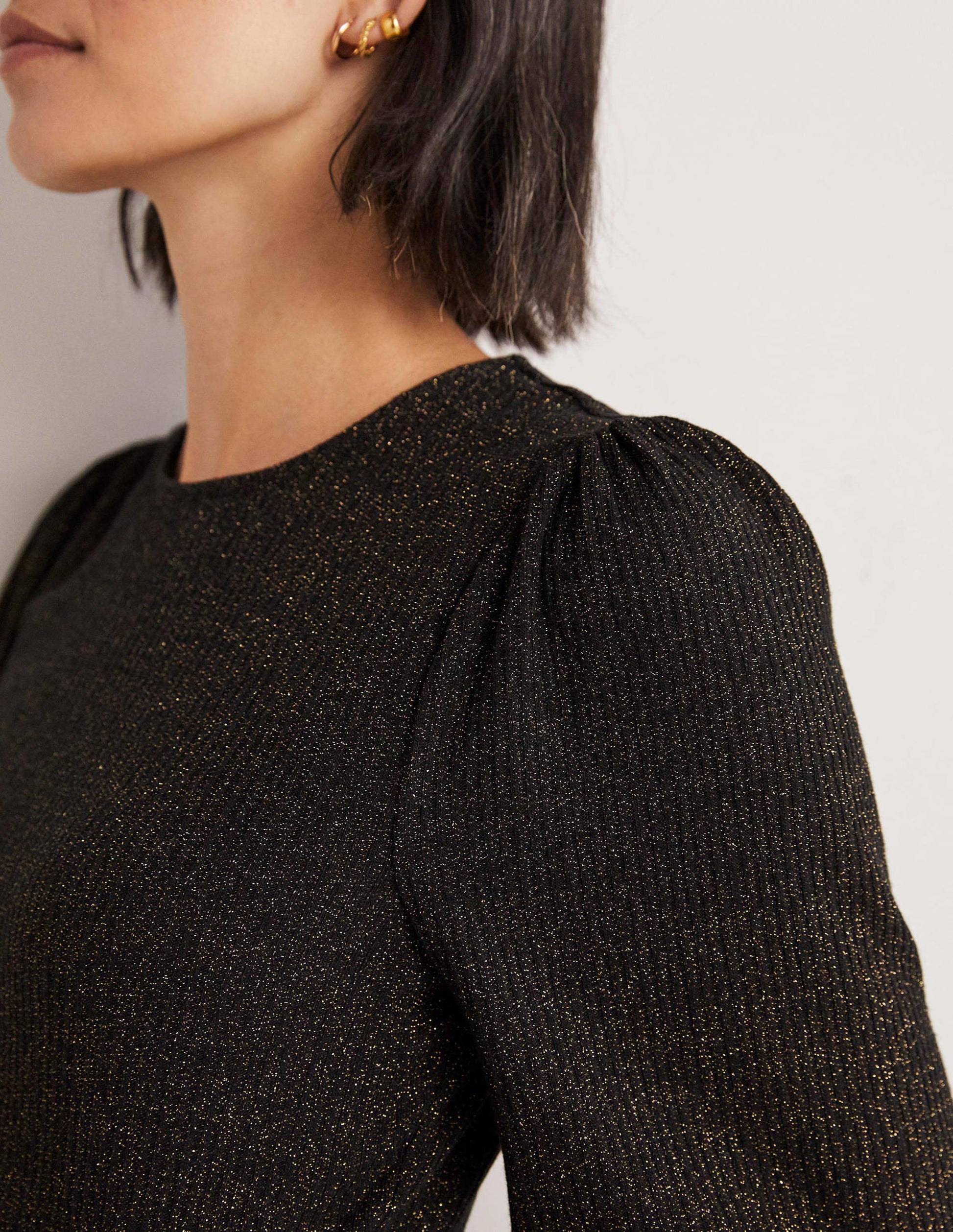Metallic Blouson Sleeve Top-Black/Gold Sparkle-2