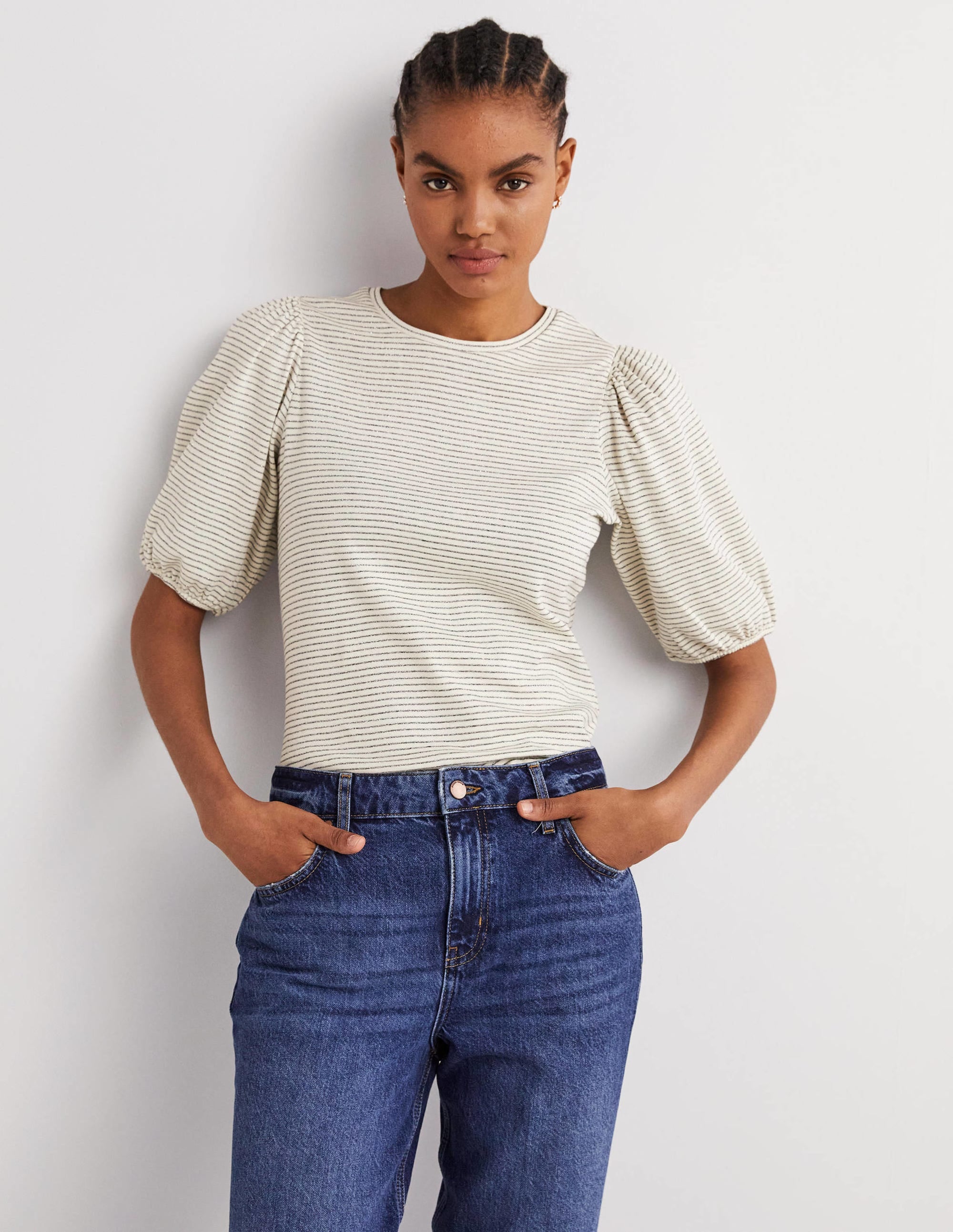 Metallic Stripe T-Shirt-Ivory/Gunmetal Metallic - Image 1