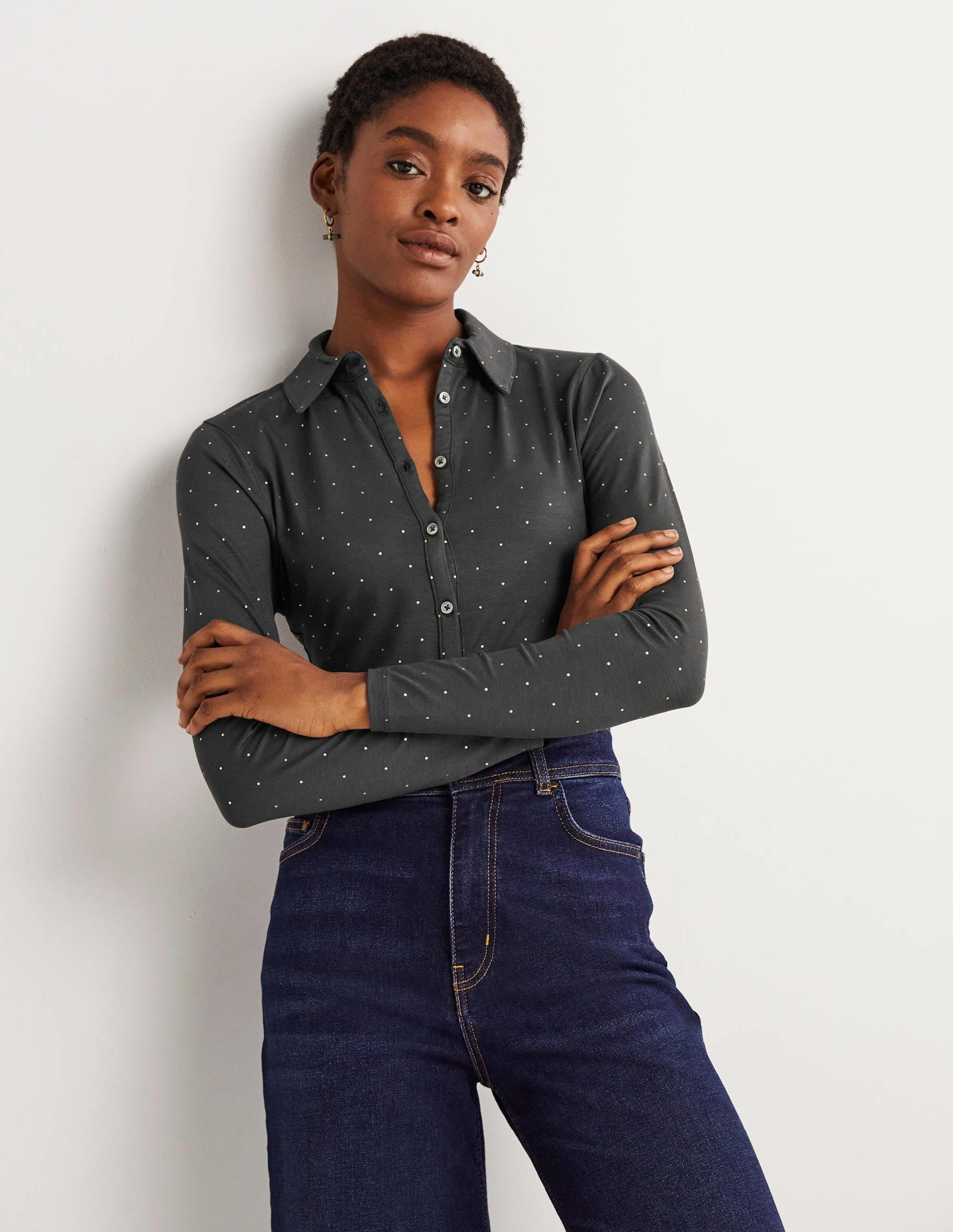 Fitted Jersey Shirt-Charcoal, Foil Dot - Image 1