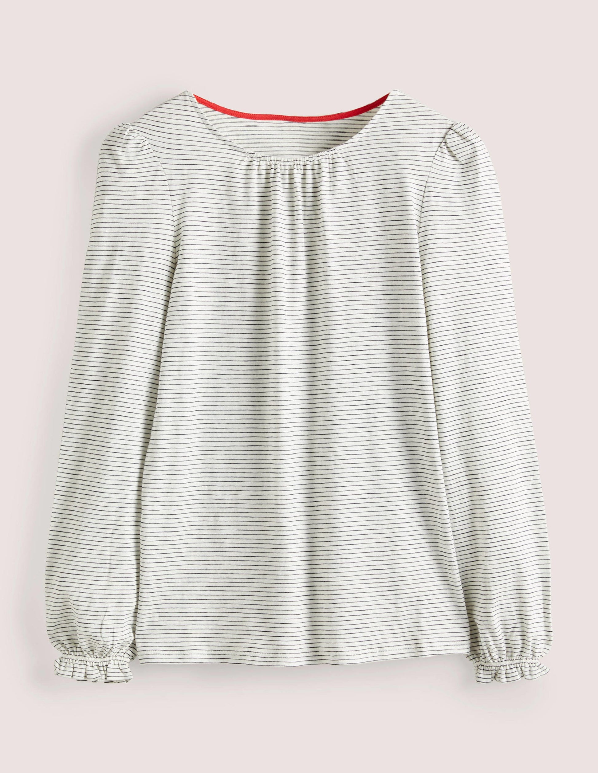 Blouson Cotton Crew Neck Top-Ivory, Navy Stripe-5